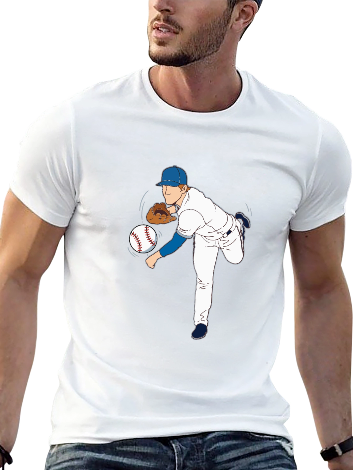 Baseball Pitcher Graphic Tee - Black Cotton Blend