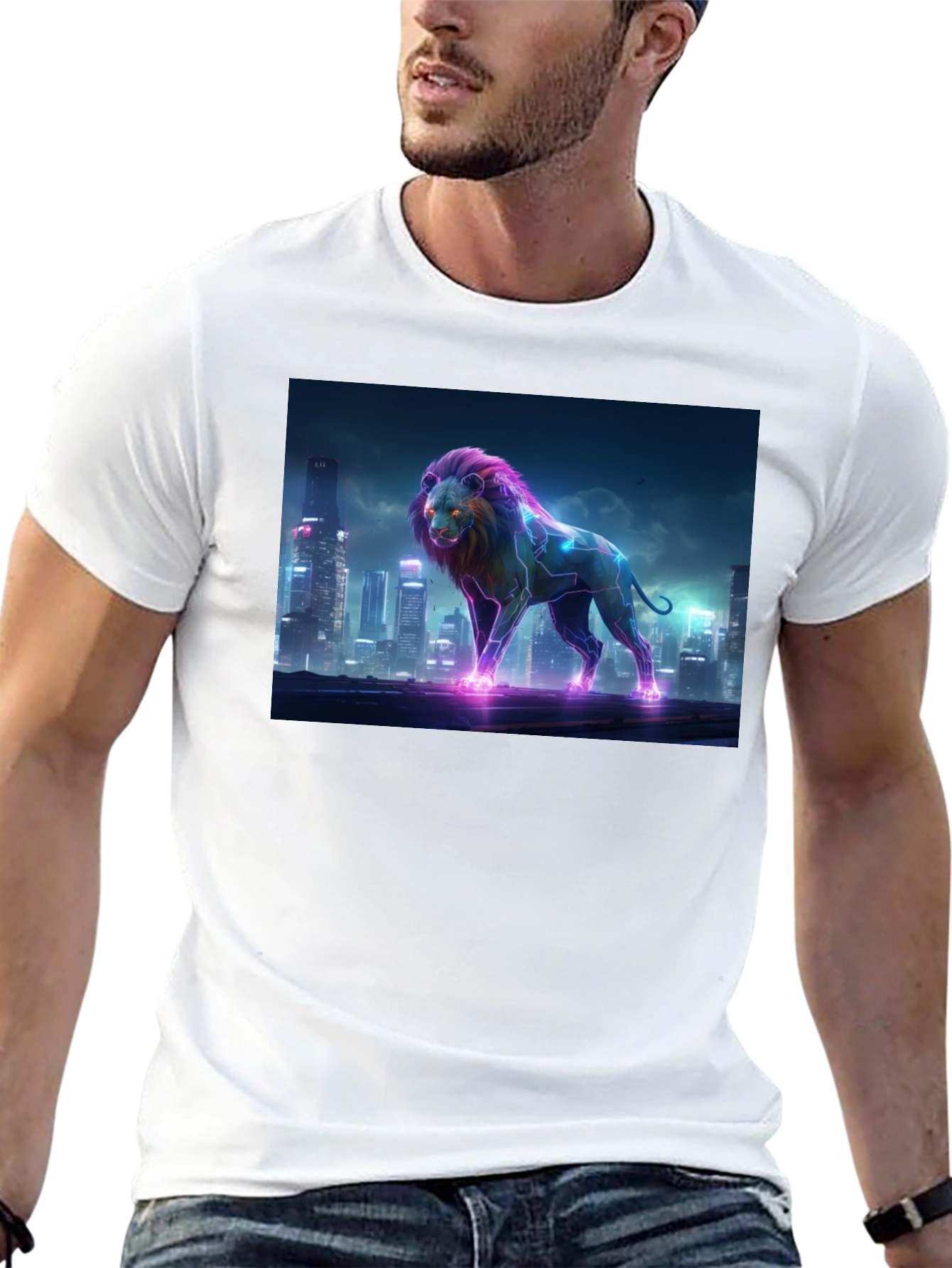 Neon Lion Cityscape Black T-Shirt