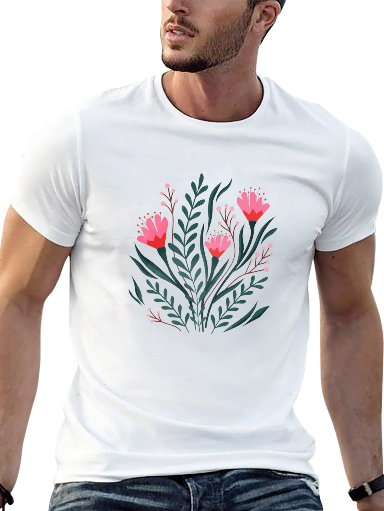 Floral Print Black Crew Neck T-Shirt