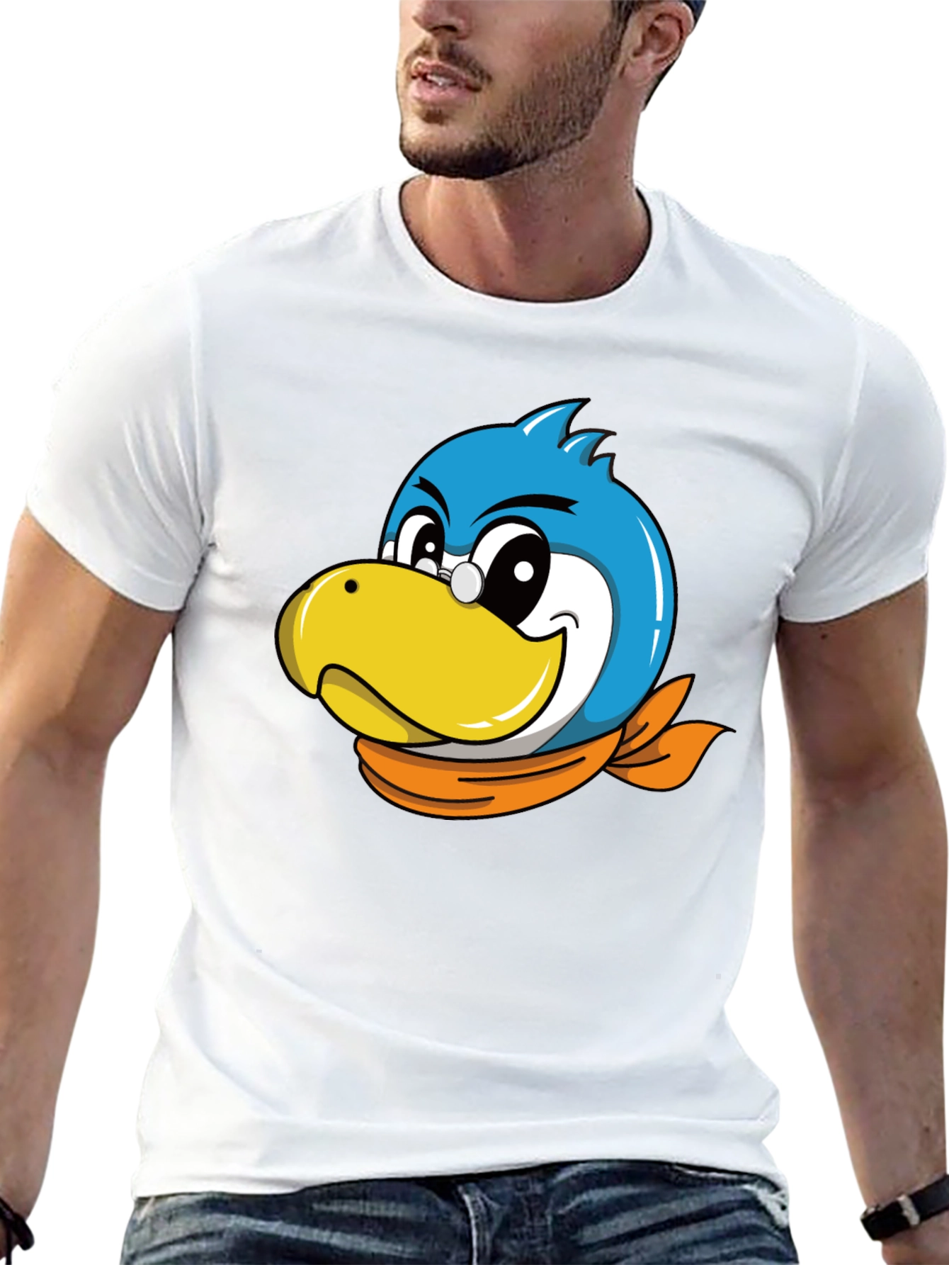 Cartoon Bird Graphic Tee - Black Cotton Blend