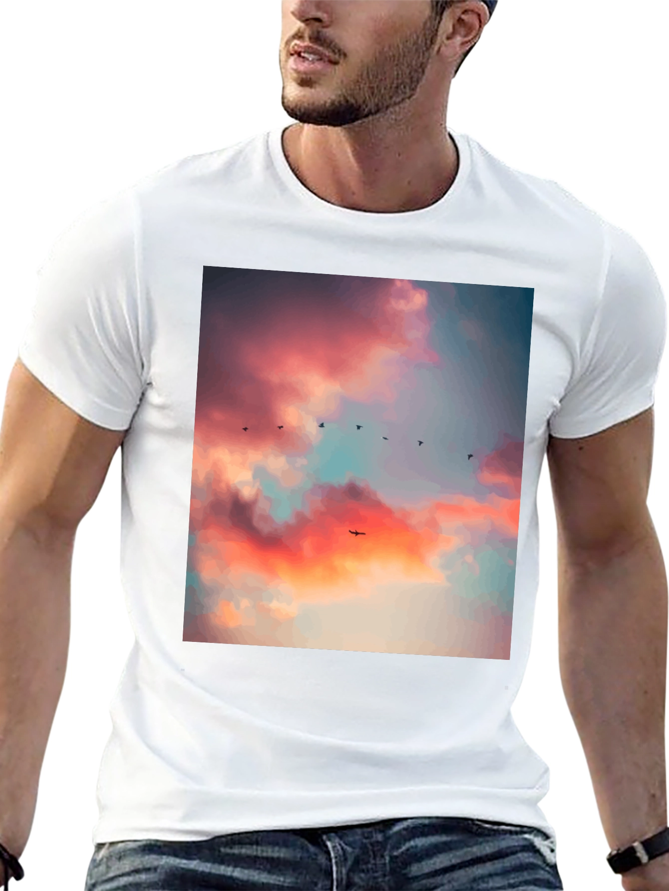 Sunset Sky Bird Print Black Tee