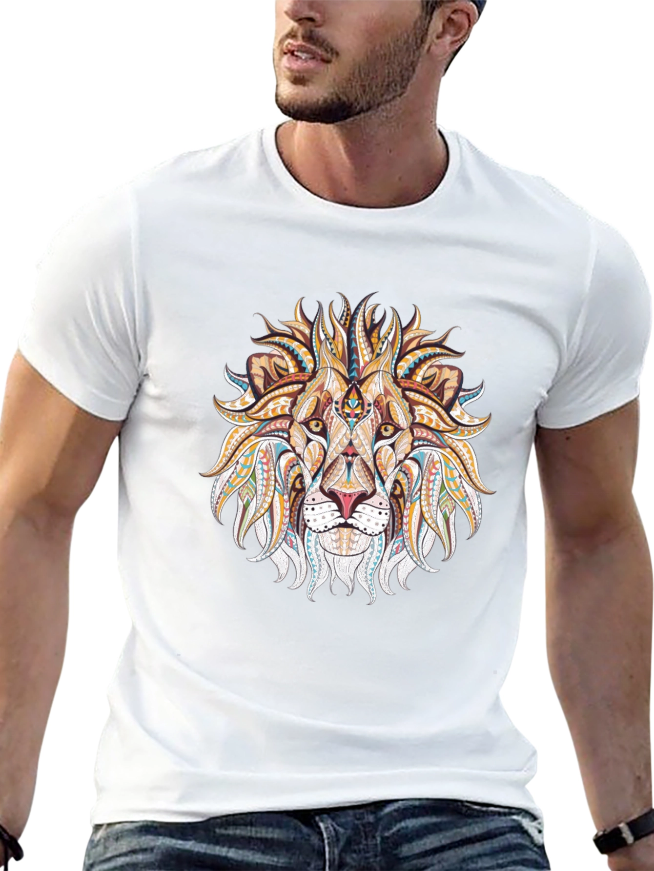 Lion Head Graphic Tee - Tribal Design Black T-Shirt