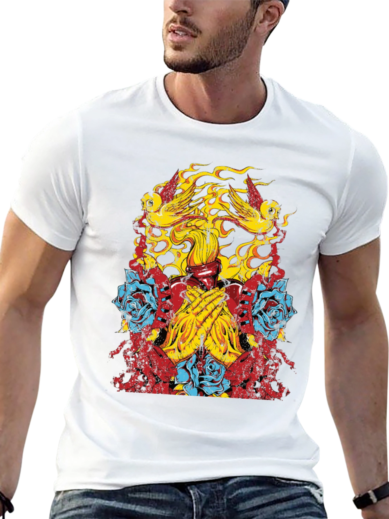 Graphic Print Tee - Birds Roses Praying Hands