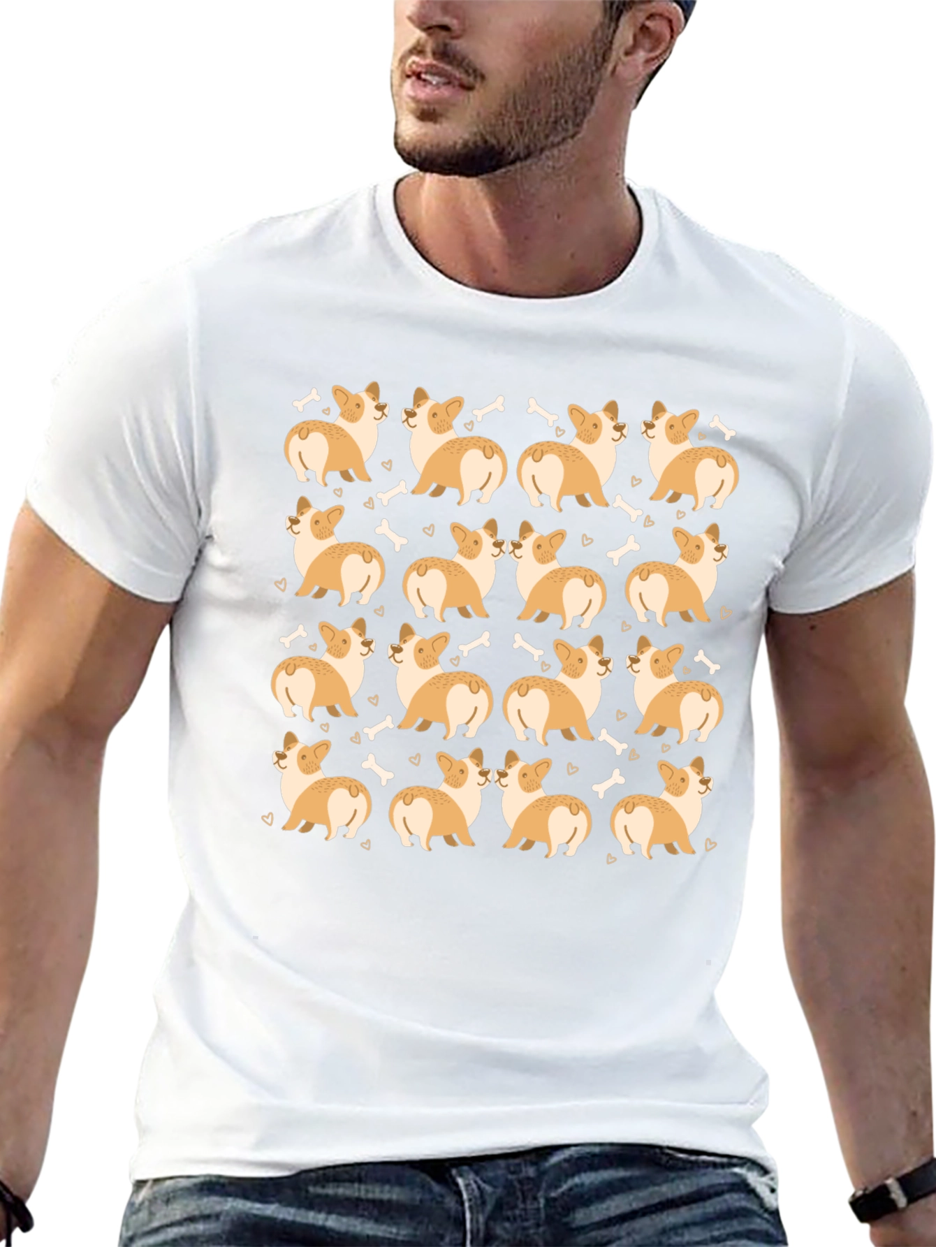 Corgi Dog Pattern Black T-Shirt