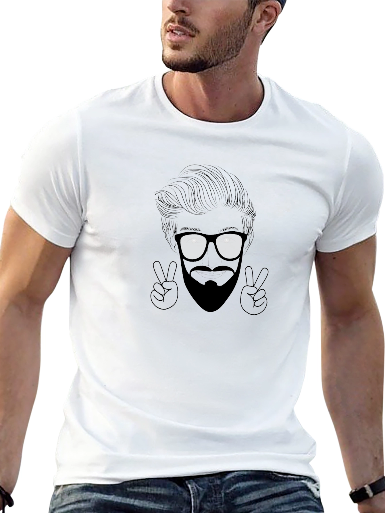 Cool Graphic Tee - Bearded Face & Peace Signs