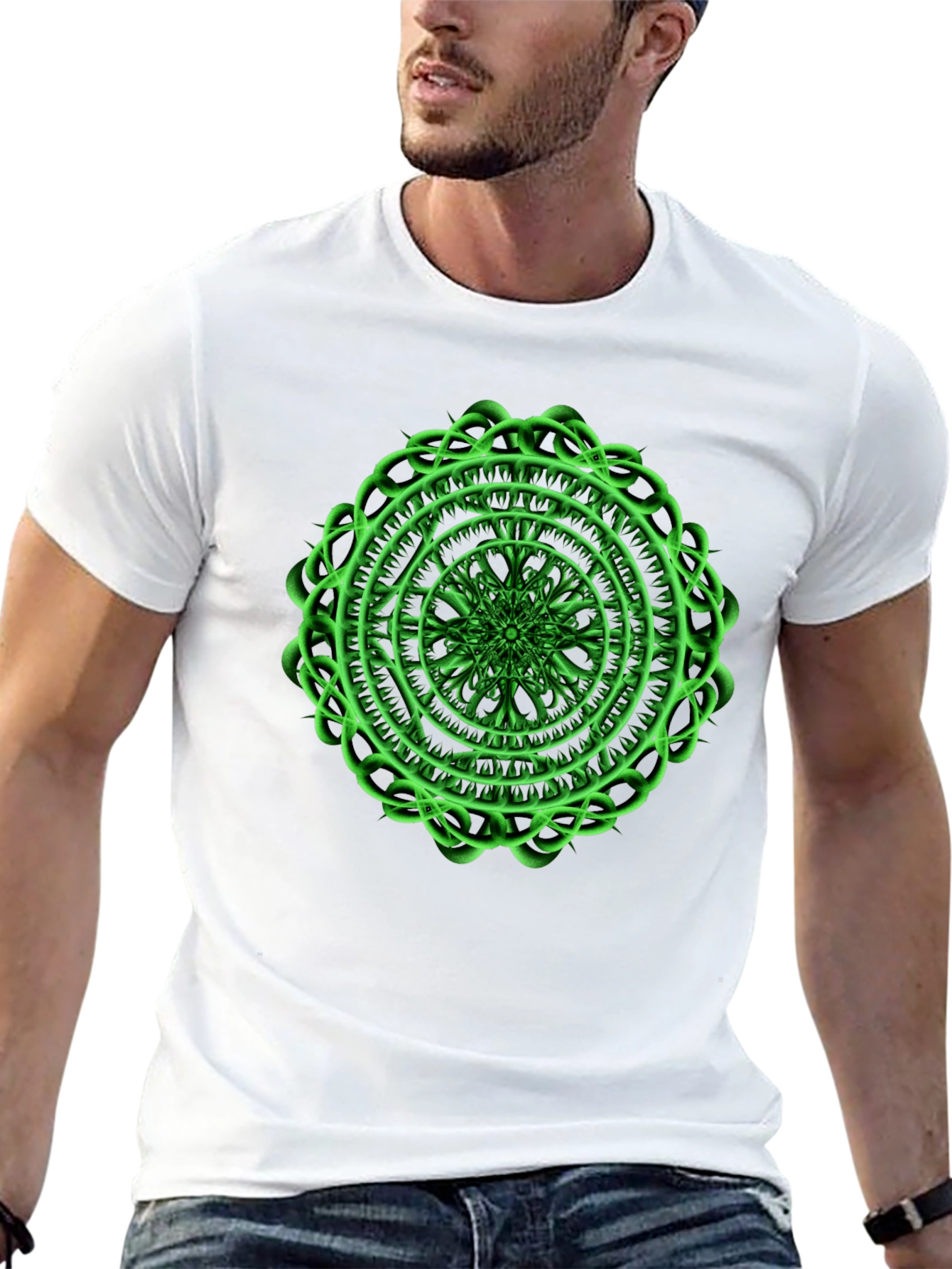Mens Black T-Shirt with Green Mandala Design