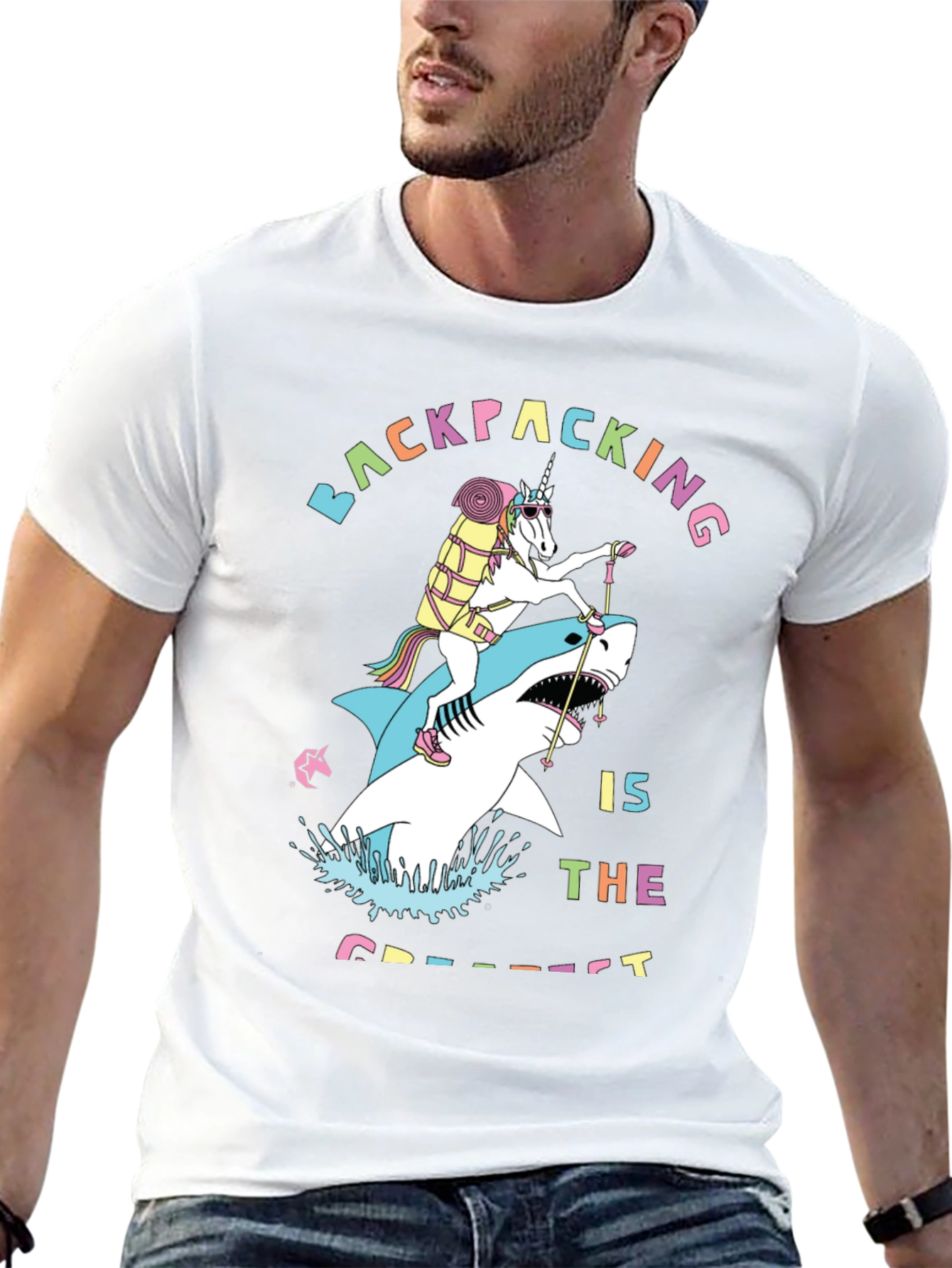Backpacking Unicorn Shark Funny T-Shirt