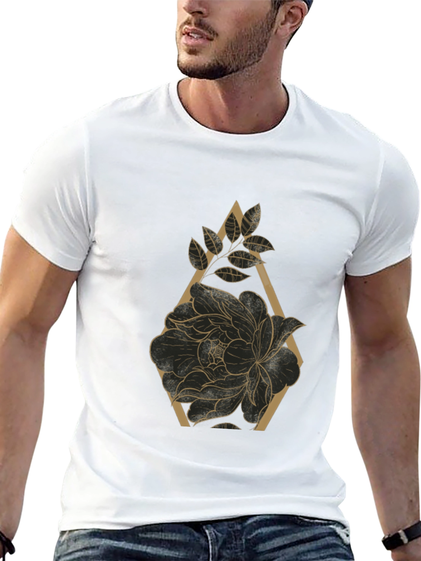 Black T-Shirt with Floral Geometric Design
