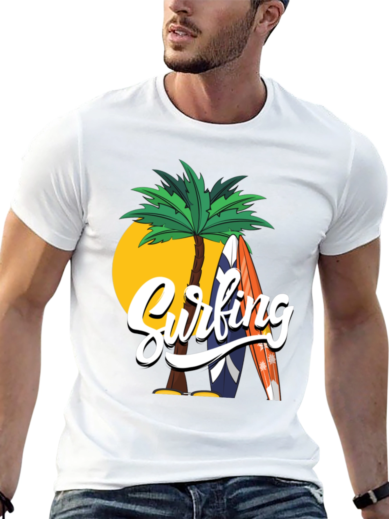 Surfing Palm Tree Graphic Black T-Shirt