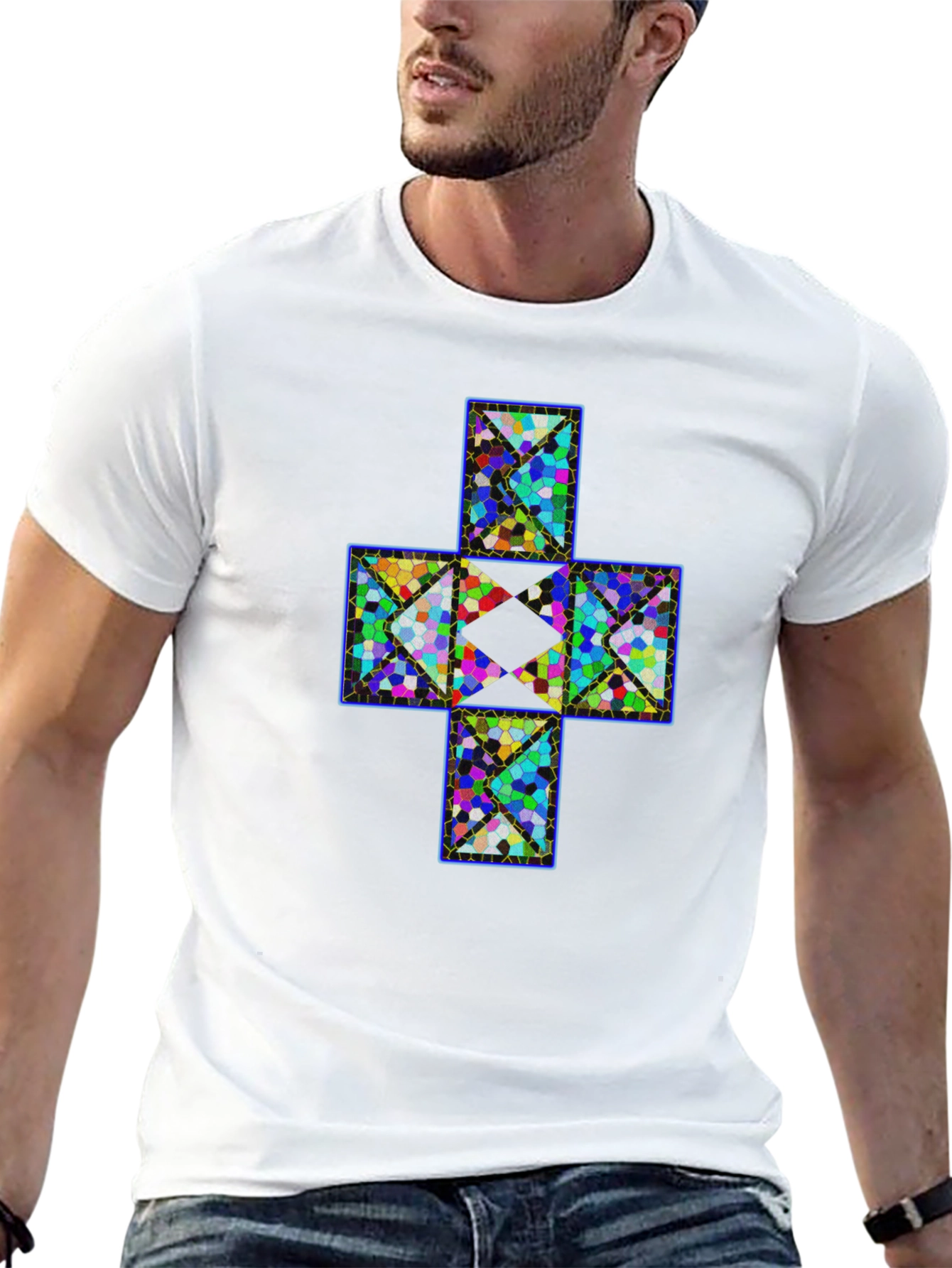 Geometric Cross T-Shirt - Abstract Mosaic Design