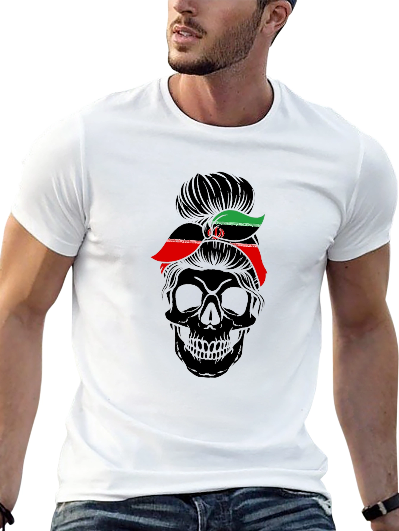 Skull Messy Bun Iran Flag T-Shirt