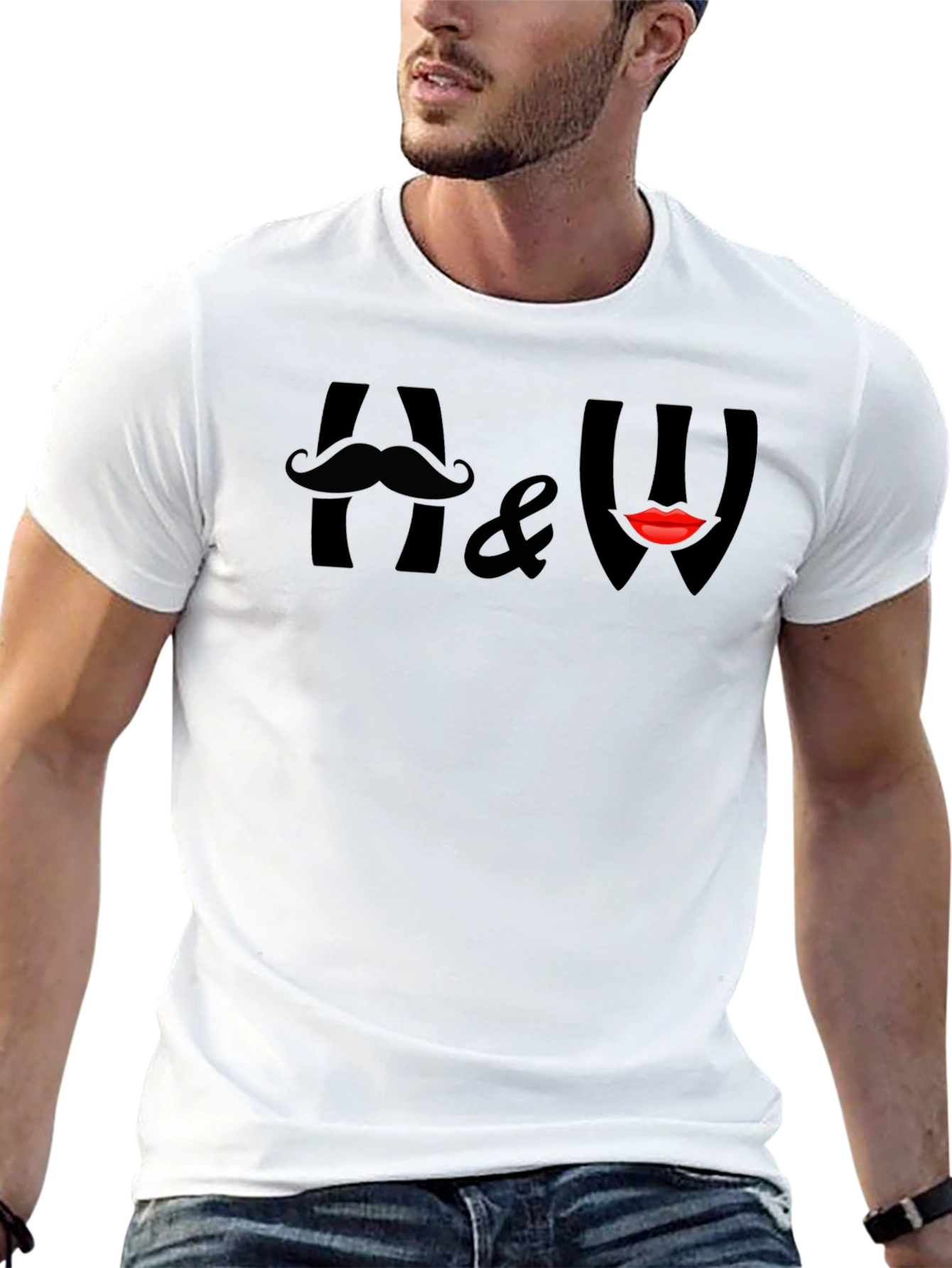 Funny A & W Mustache Lips Graphic T-Shirt