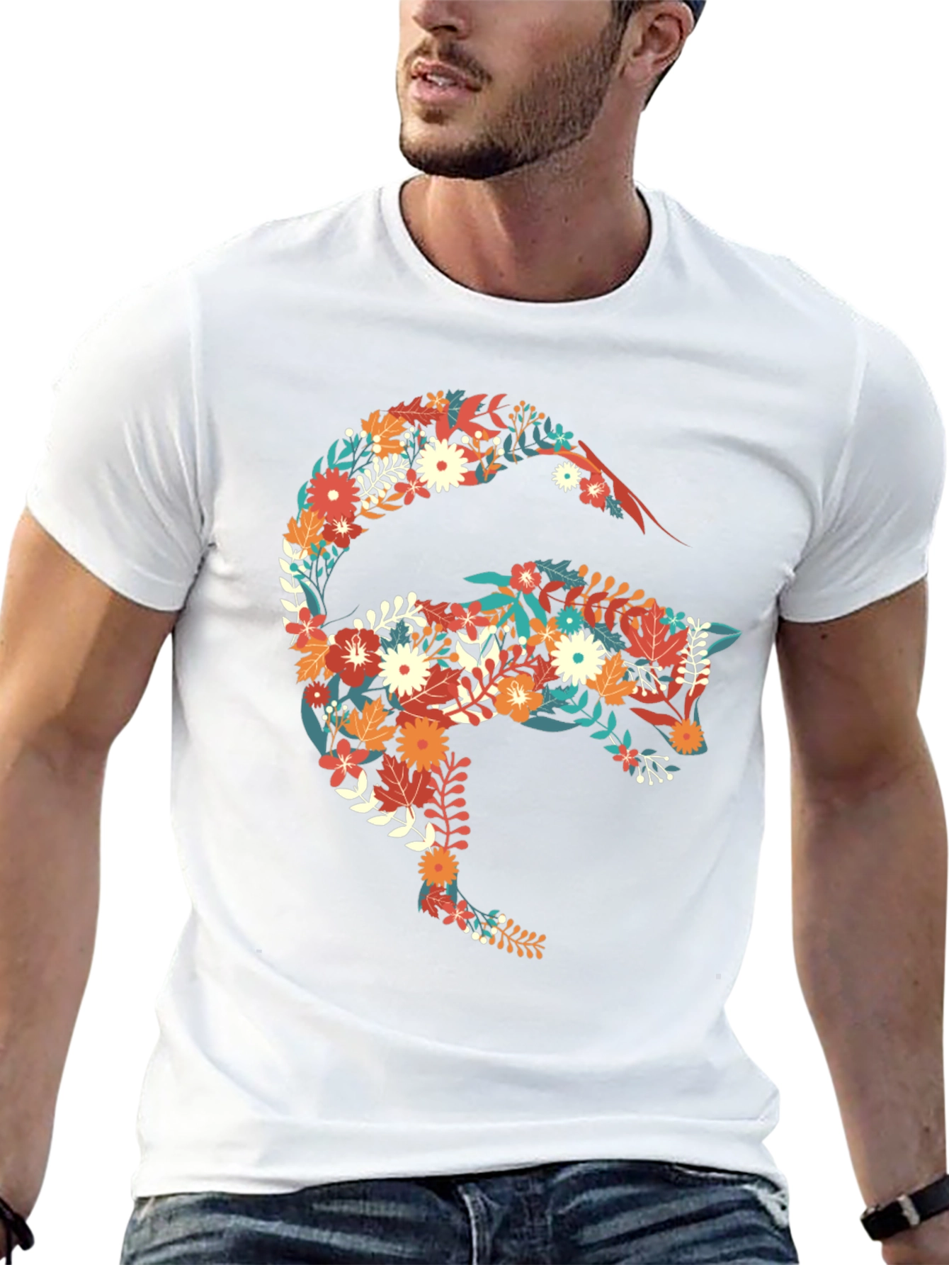 Floral Fox Graphic Print Black T-Shirt