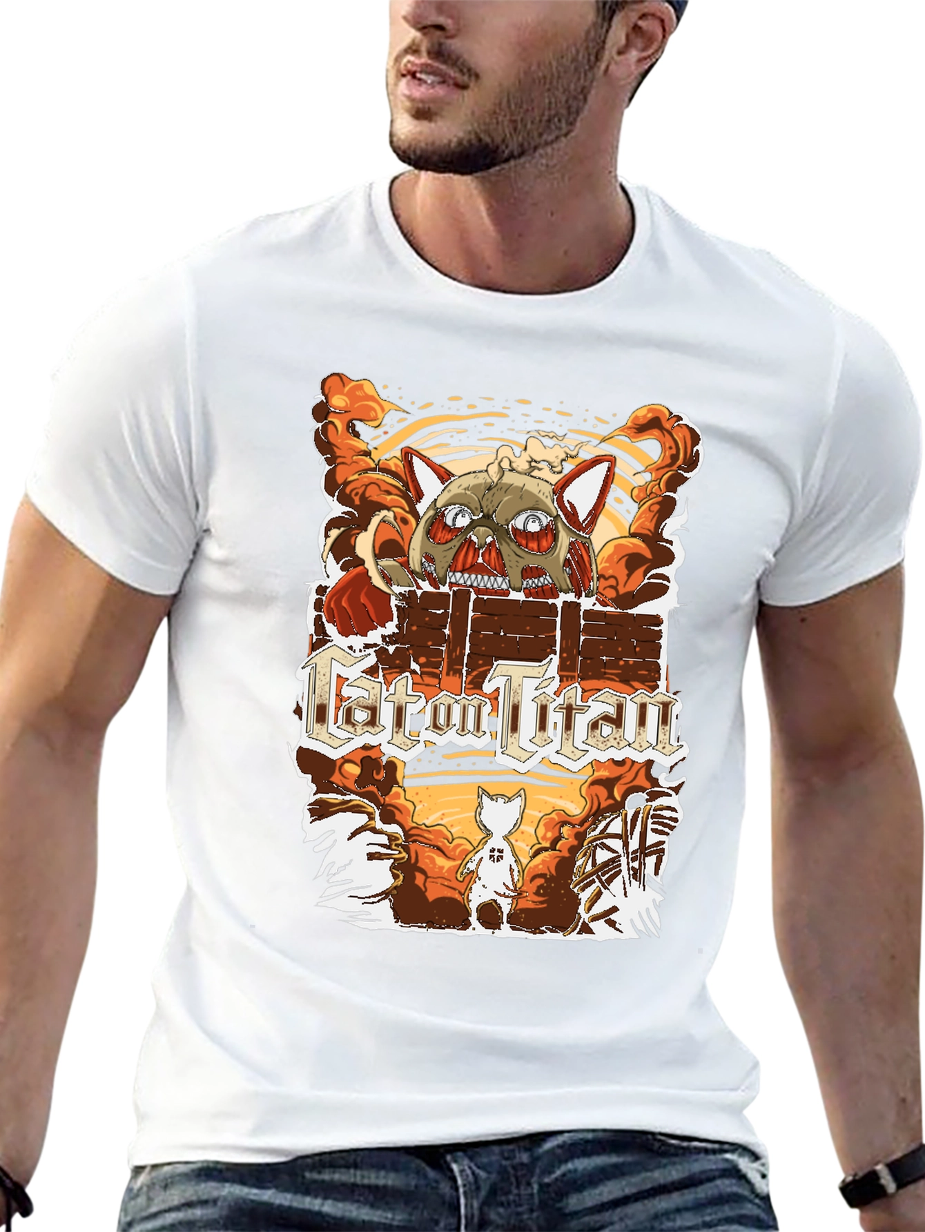 Cat on Titan T-Shirt Funny Anime Parody Tee