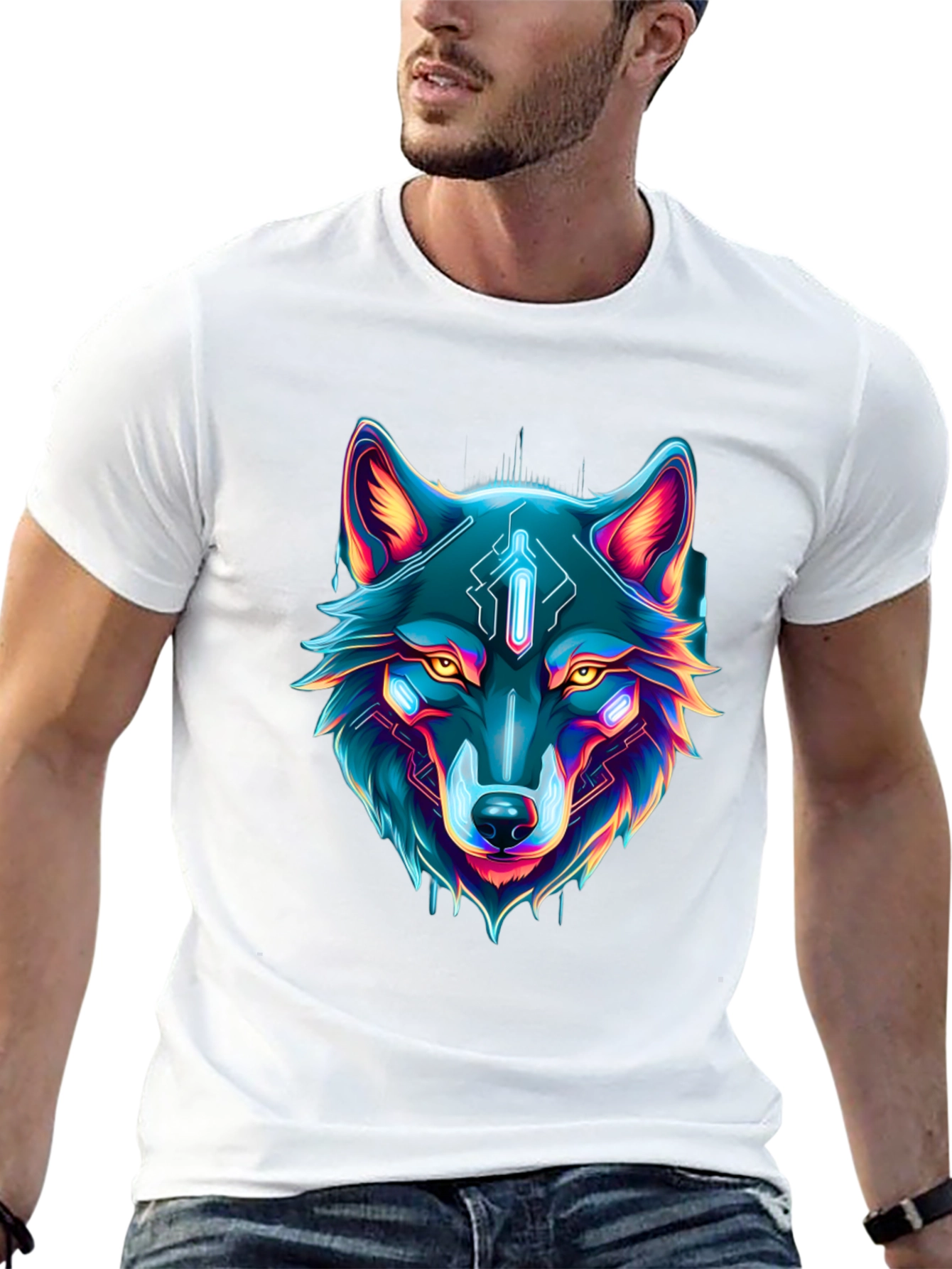 Cyber Wolf Graphic Tee - Neon Animal Print
