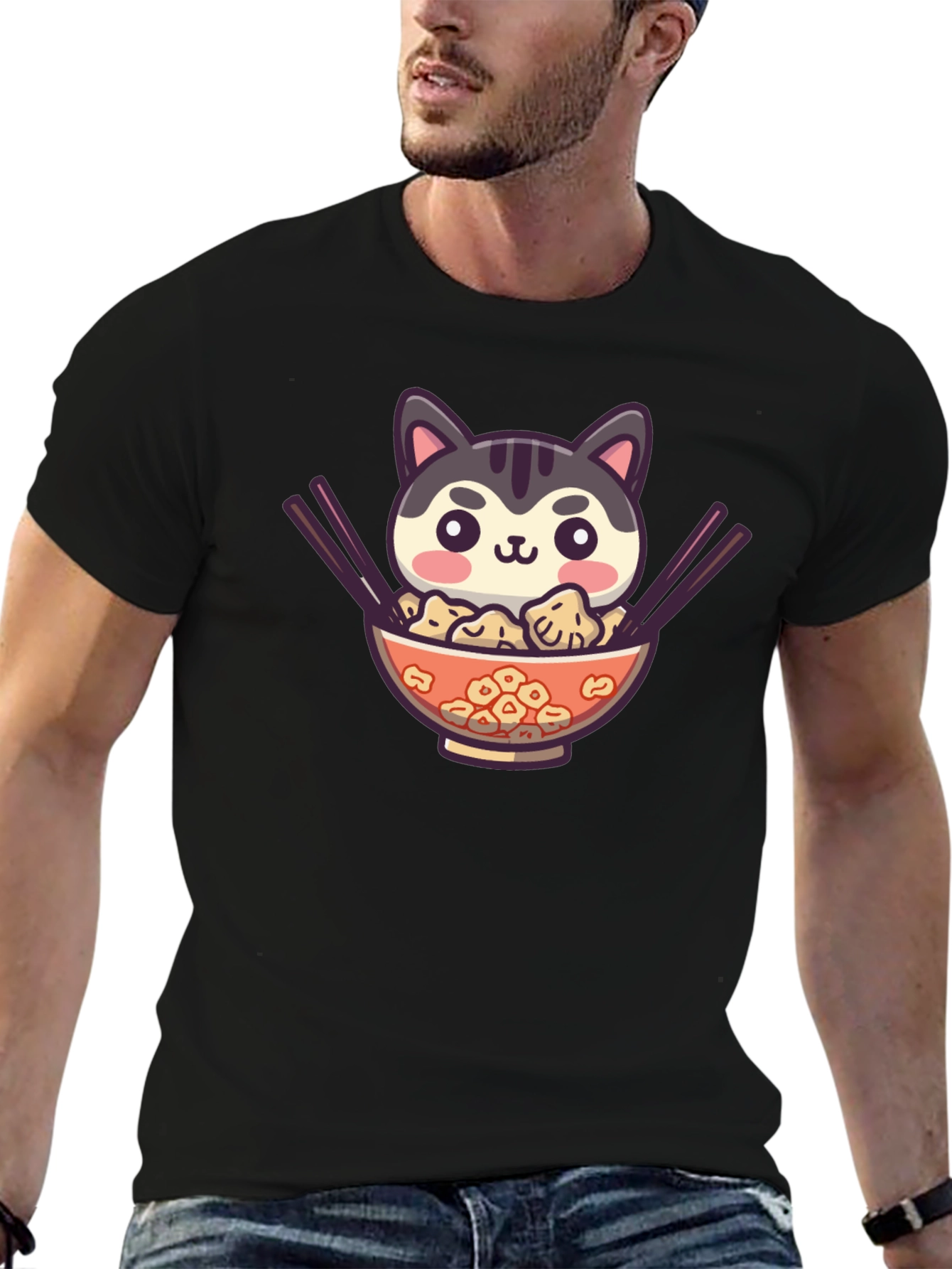 Cat Ramen Bowl Black T-Shirt