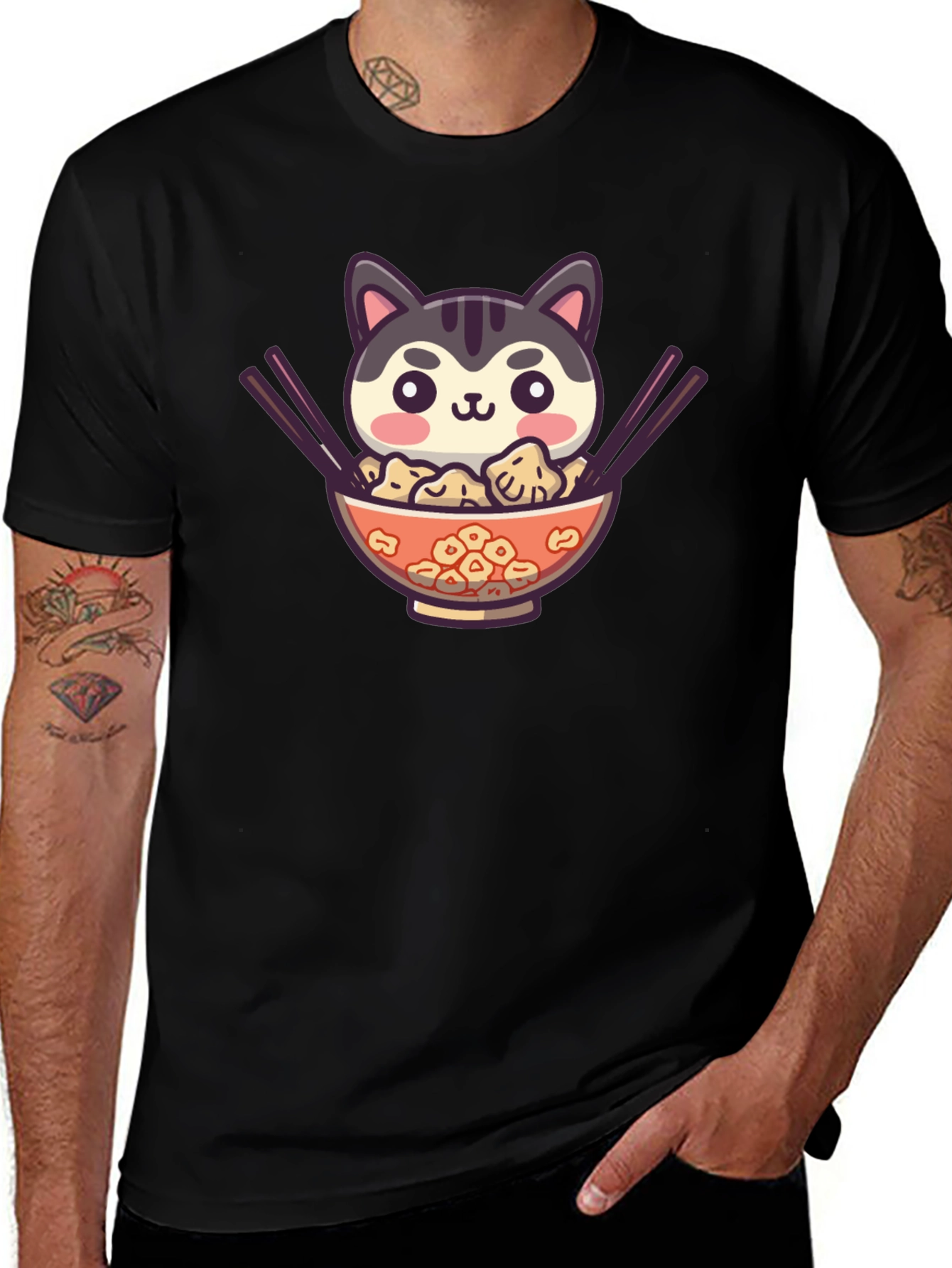 Cat Ramen Bowl Black T-Shirt