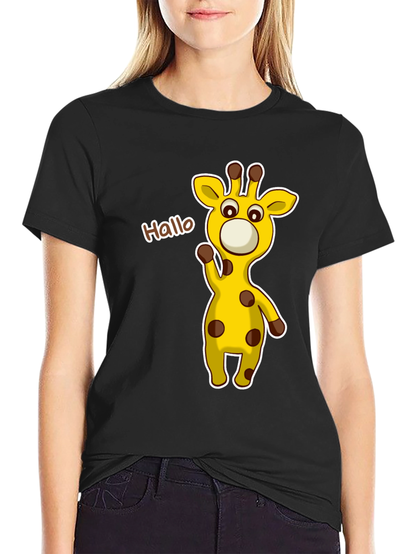 Cute Giraffe Cartoon Black T-Shirt