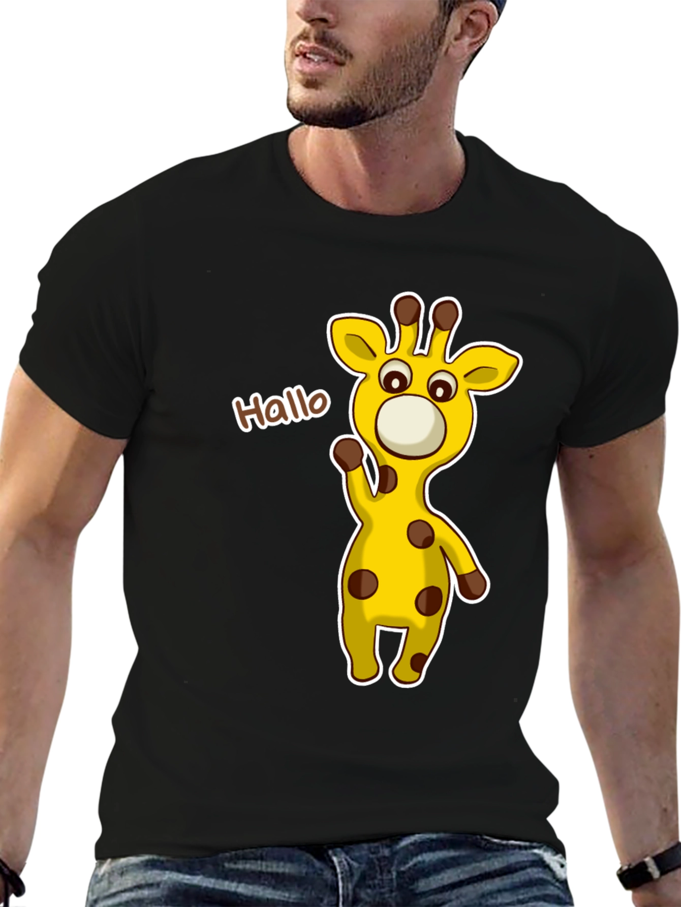 Cute Giraffe Cartoon Black T-Shirt