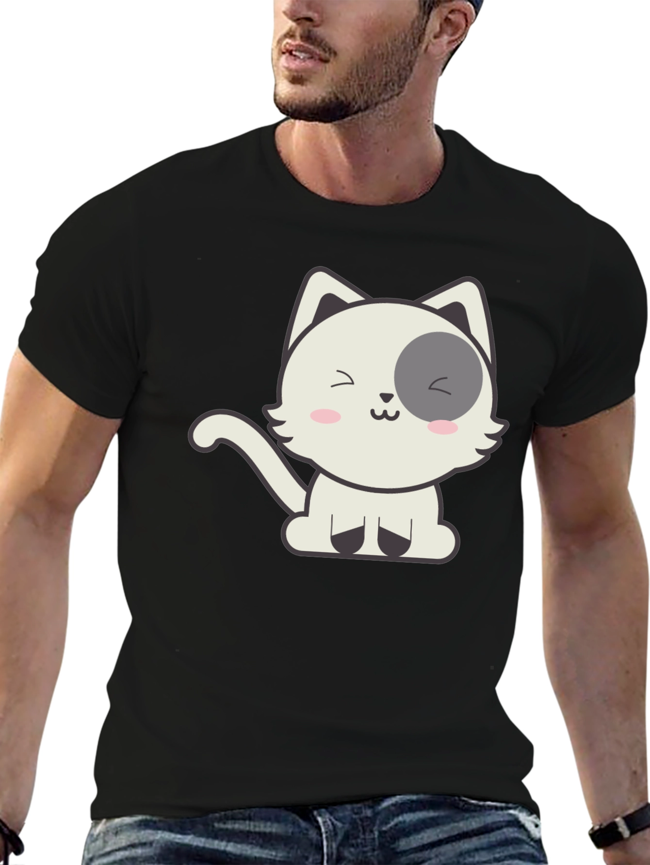 Cute Cartoon Cat Graphic Black T-Shirt