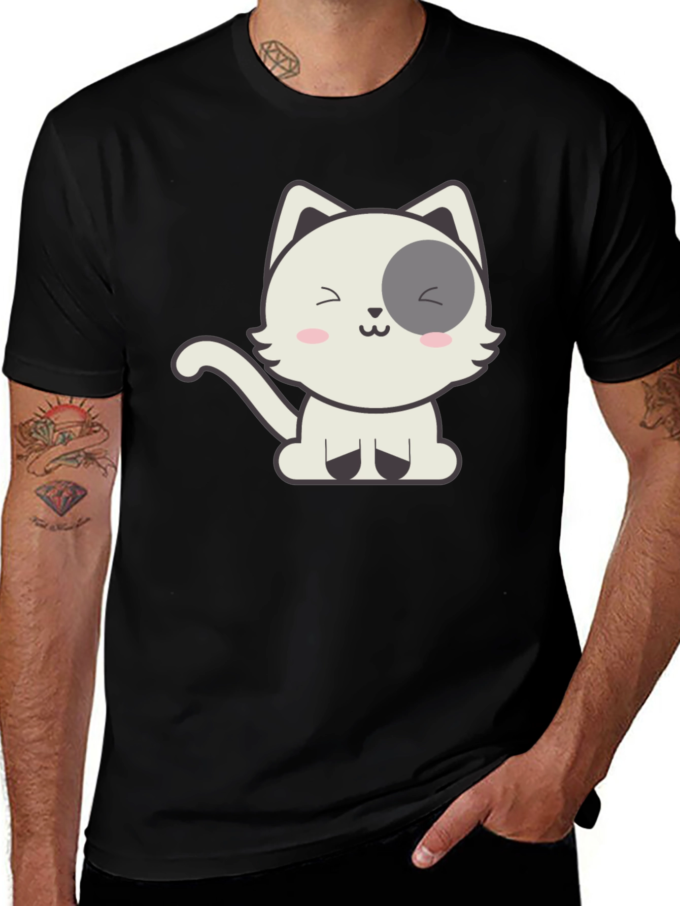 Cute Cartoon Cat Graphic Black T-Shirt
