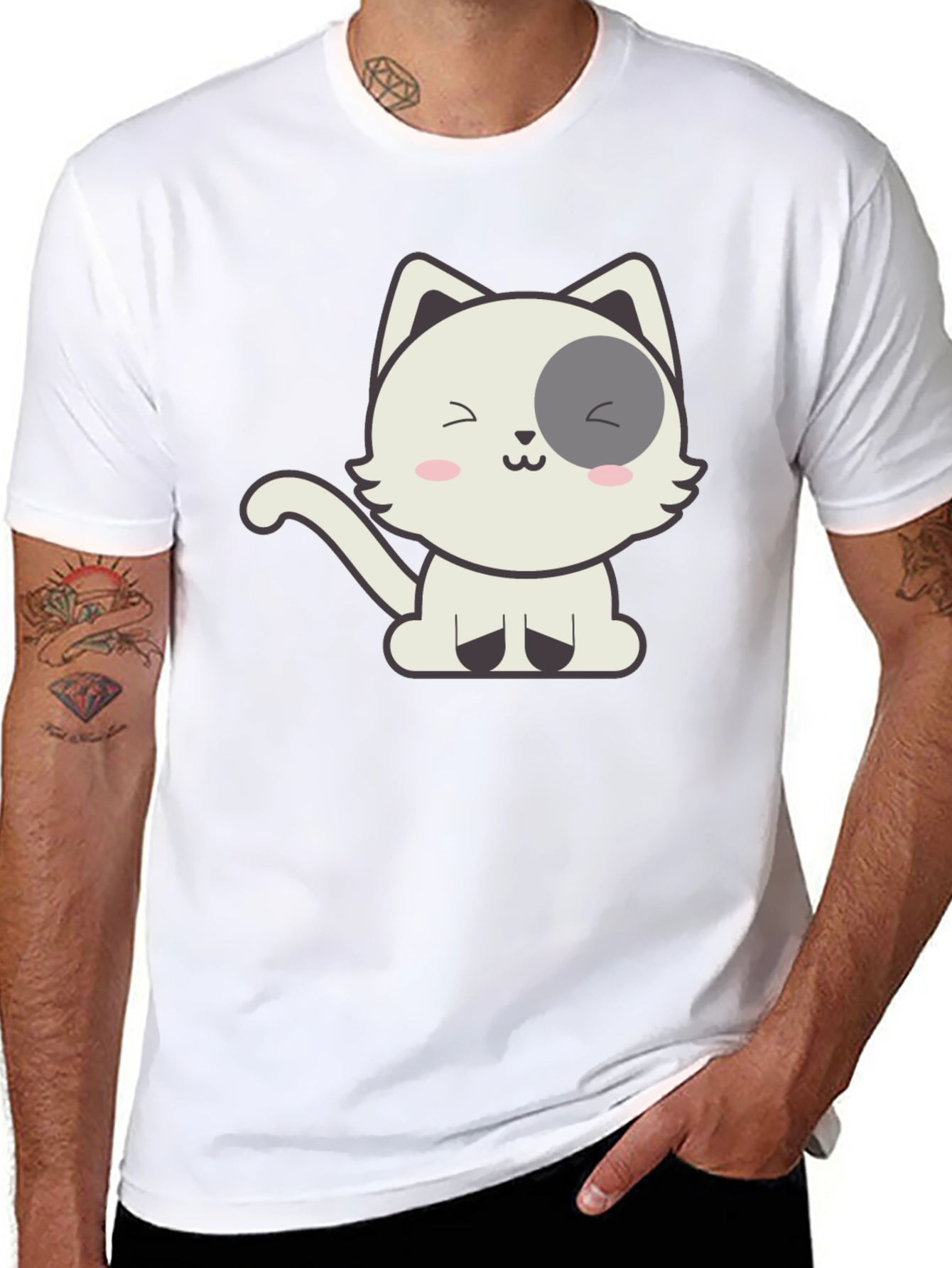 Cute Cartoon Cat Graphic Black T-Shirt