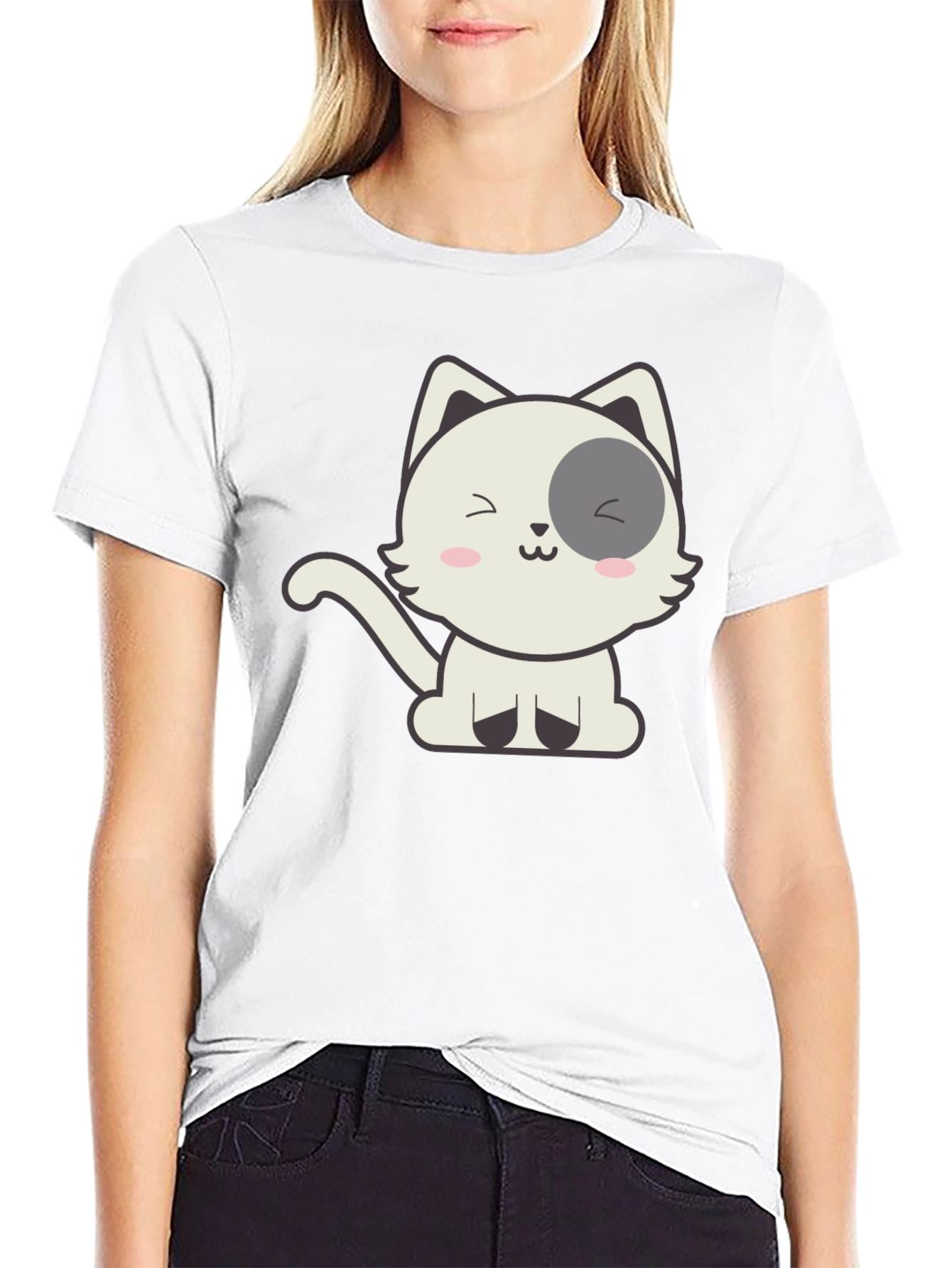 Cute Cartoon Cat Graphic Black T-Shirt