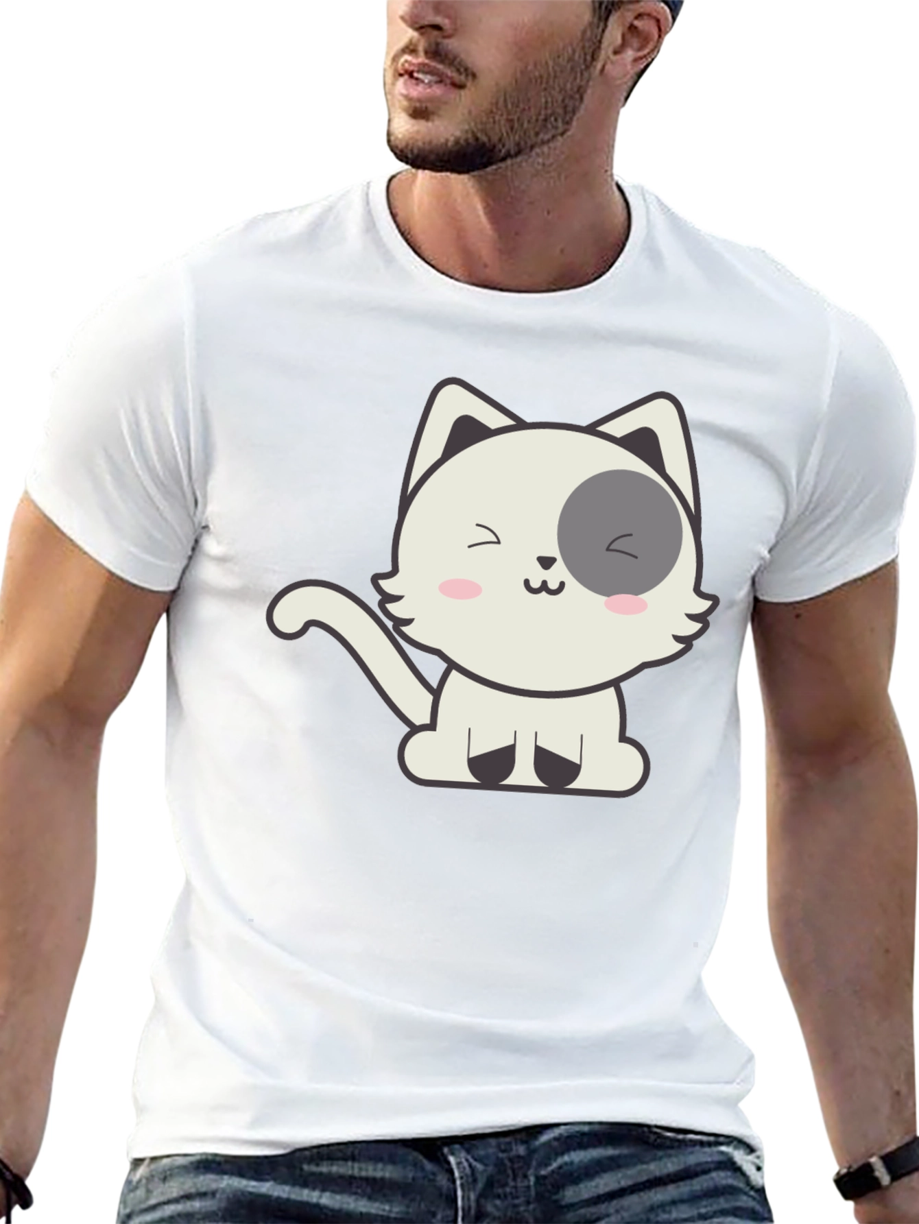 Cute Cartoon Cat Graphic Black T-Shirt