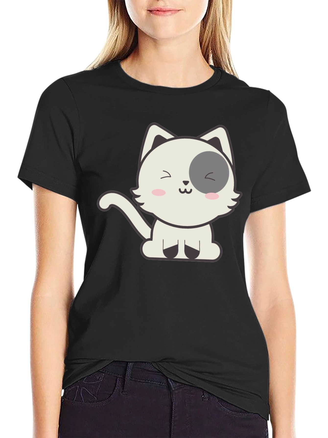 Cute Cartoon Cat Graphic Black T-Shirt
