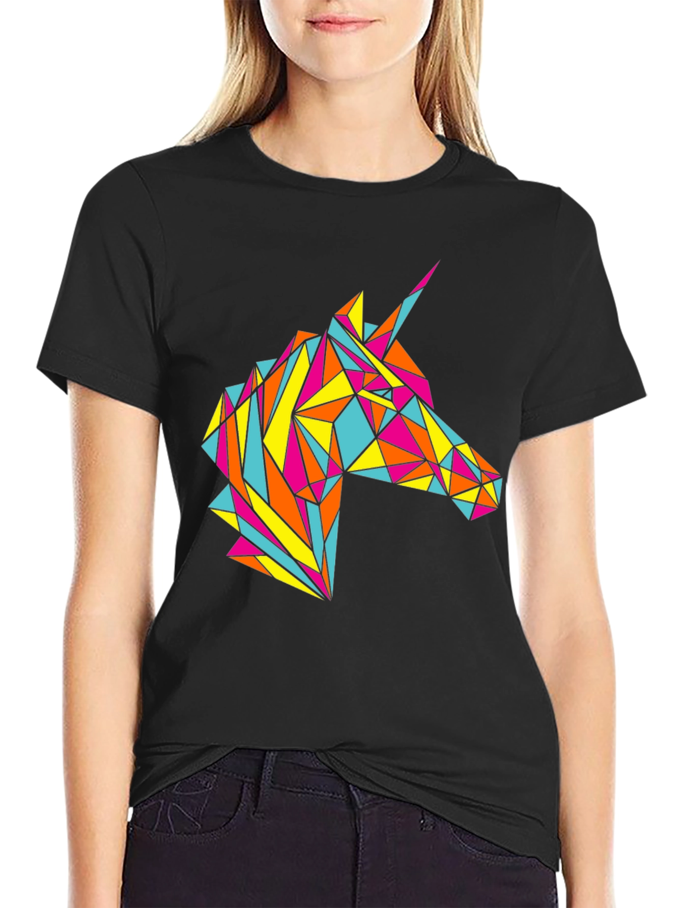 Geometric Unicorn Graphic Black T-Shirt