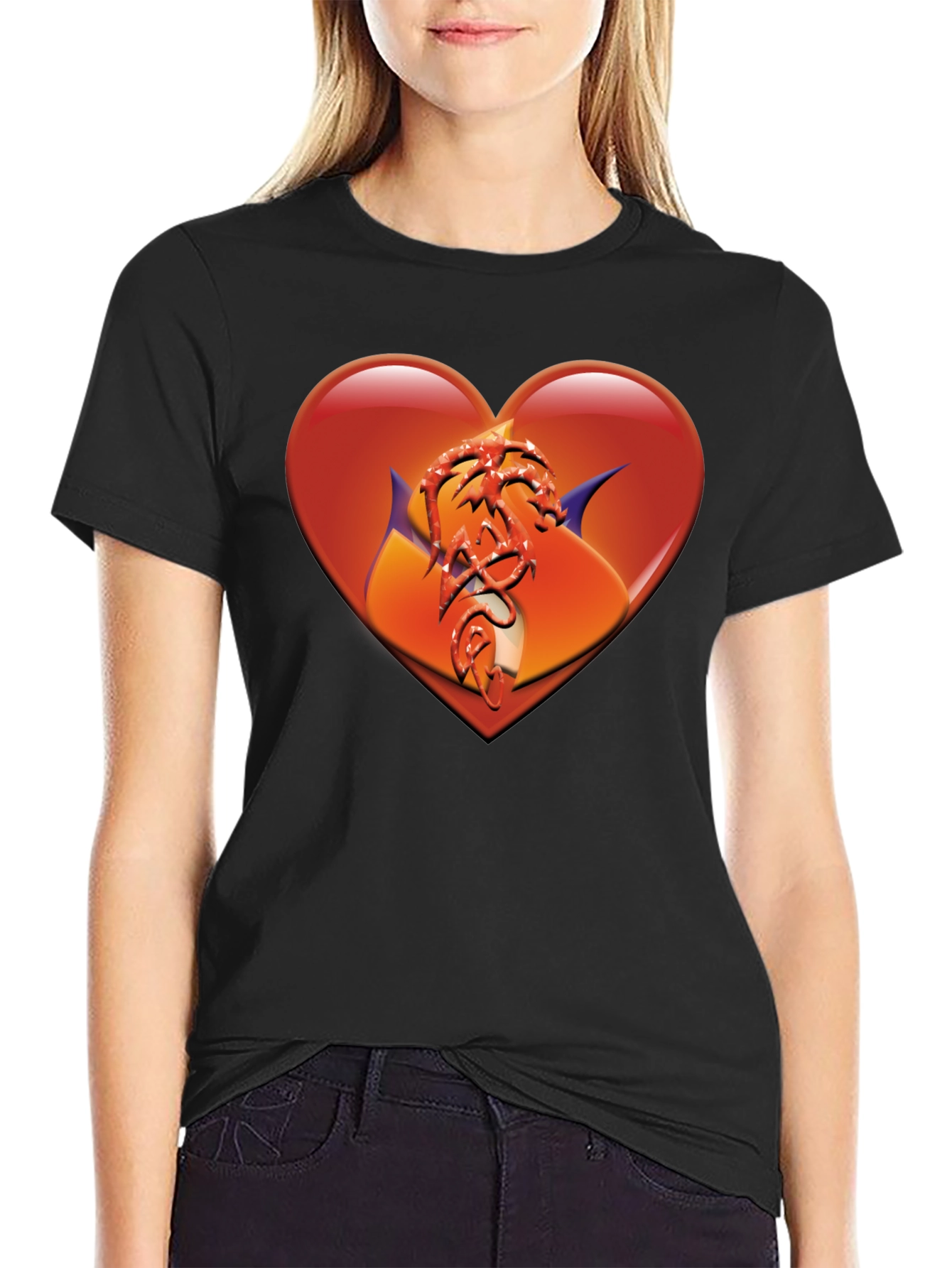 Heart Dragon Graphic Black T-Shirt
