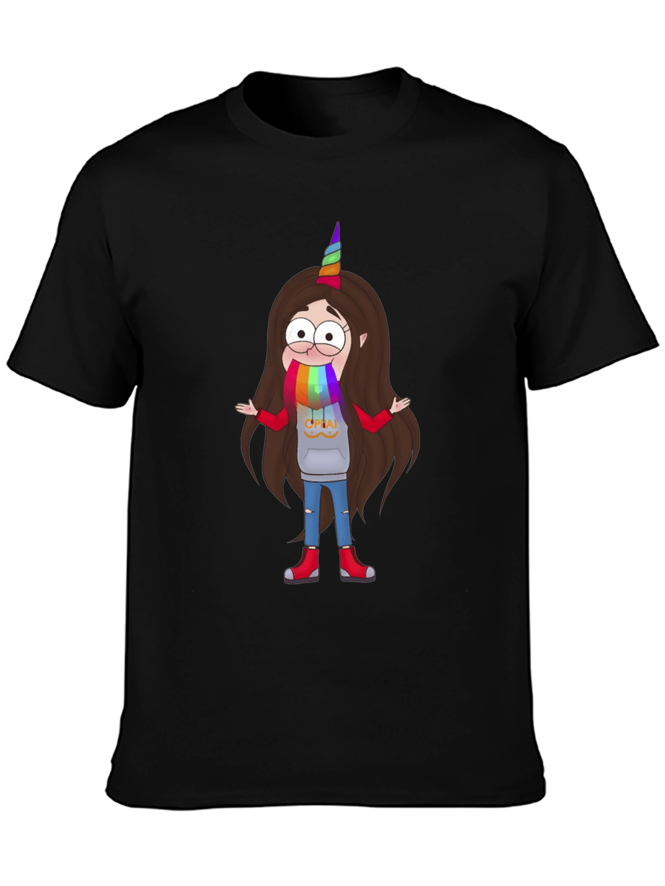 Cartoon Unicorn Character Black T-Shirt