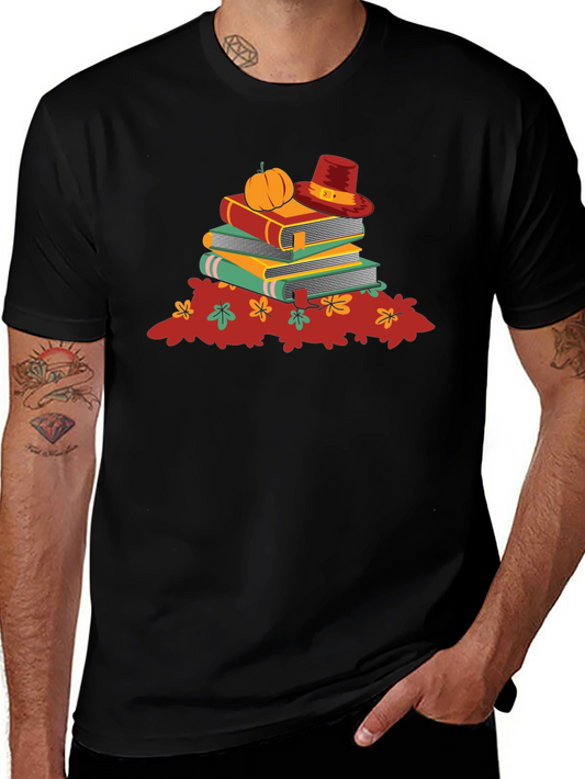 Fall Books & Leaves Graphic Tee - Black Cotton T-Shirt