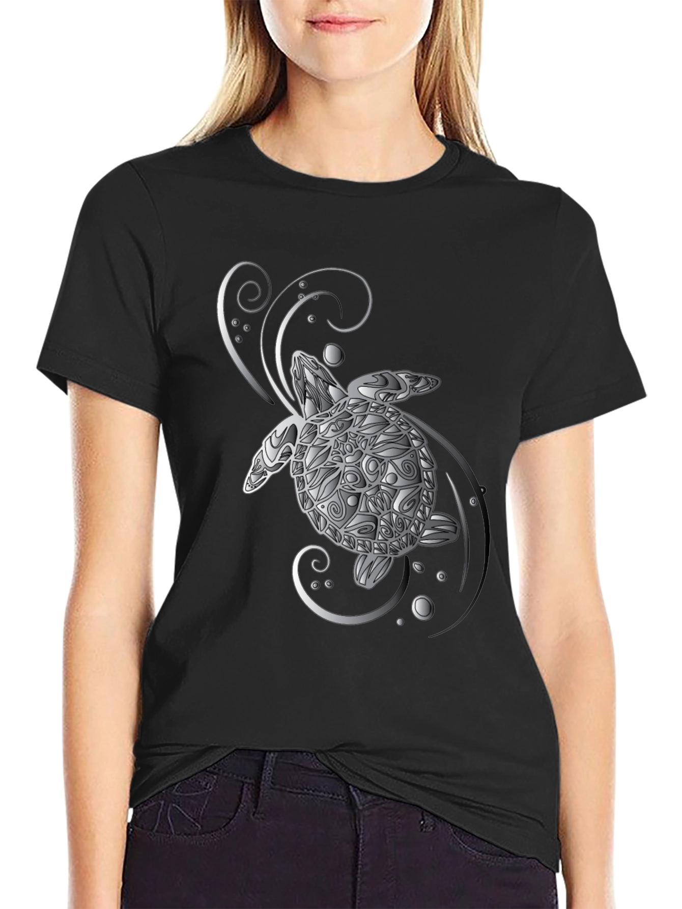Turtle Graphic Tee - Silver Design on Black
