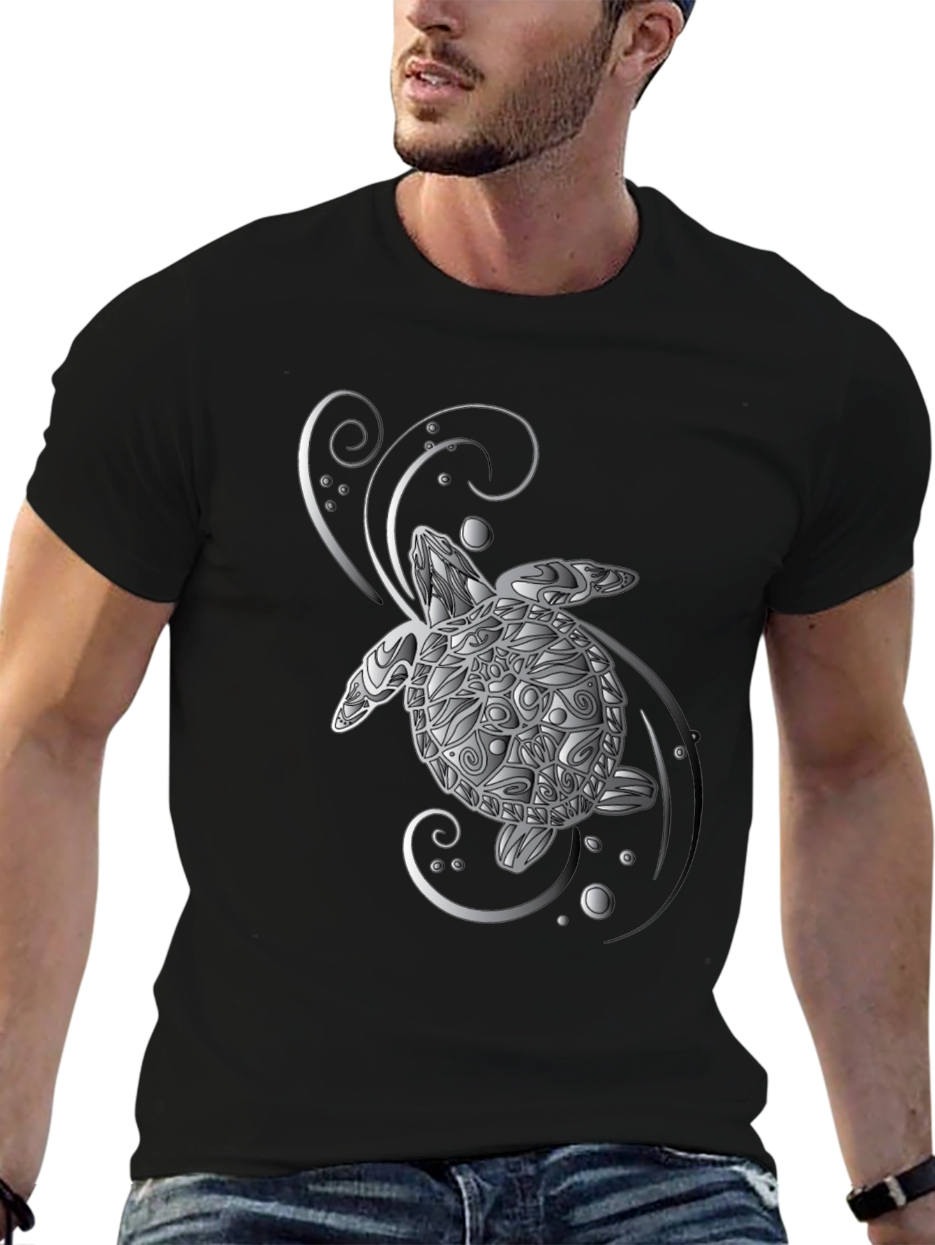 Turtle Graphic Tee - Silver Design on Black