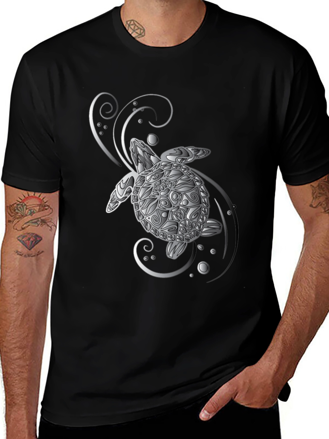 Turtle Graphic Tee - Silver Design on Black