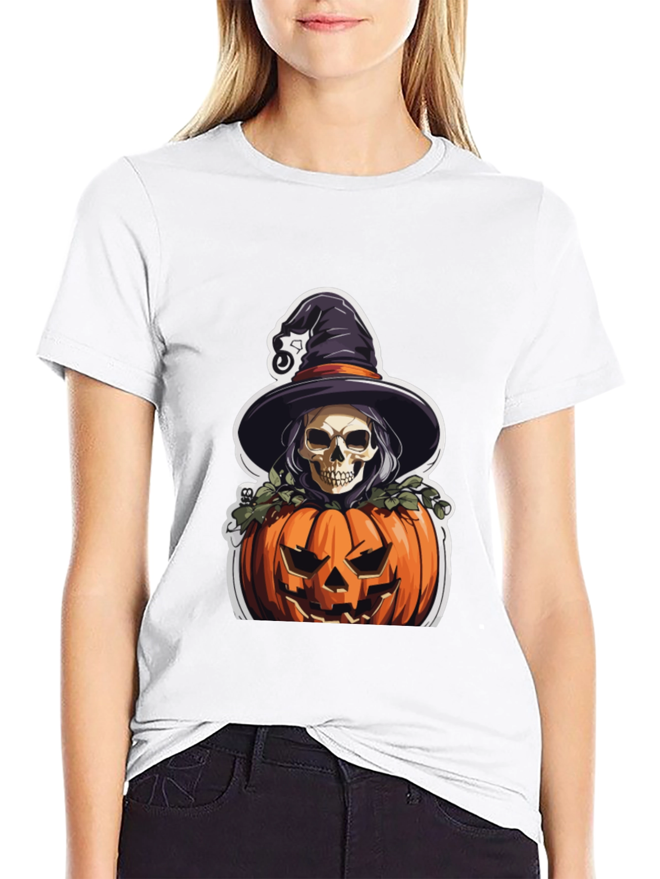 Skull Witch Pumpkin Graphic Tee - Halloween