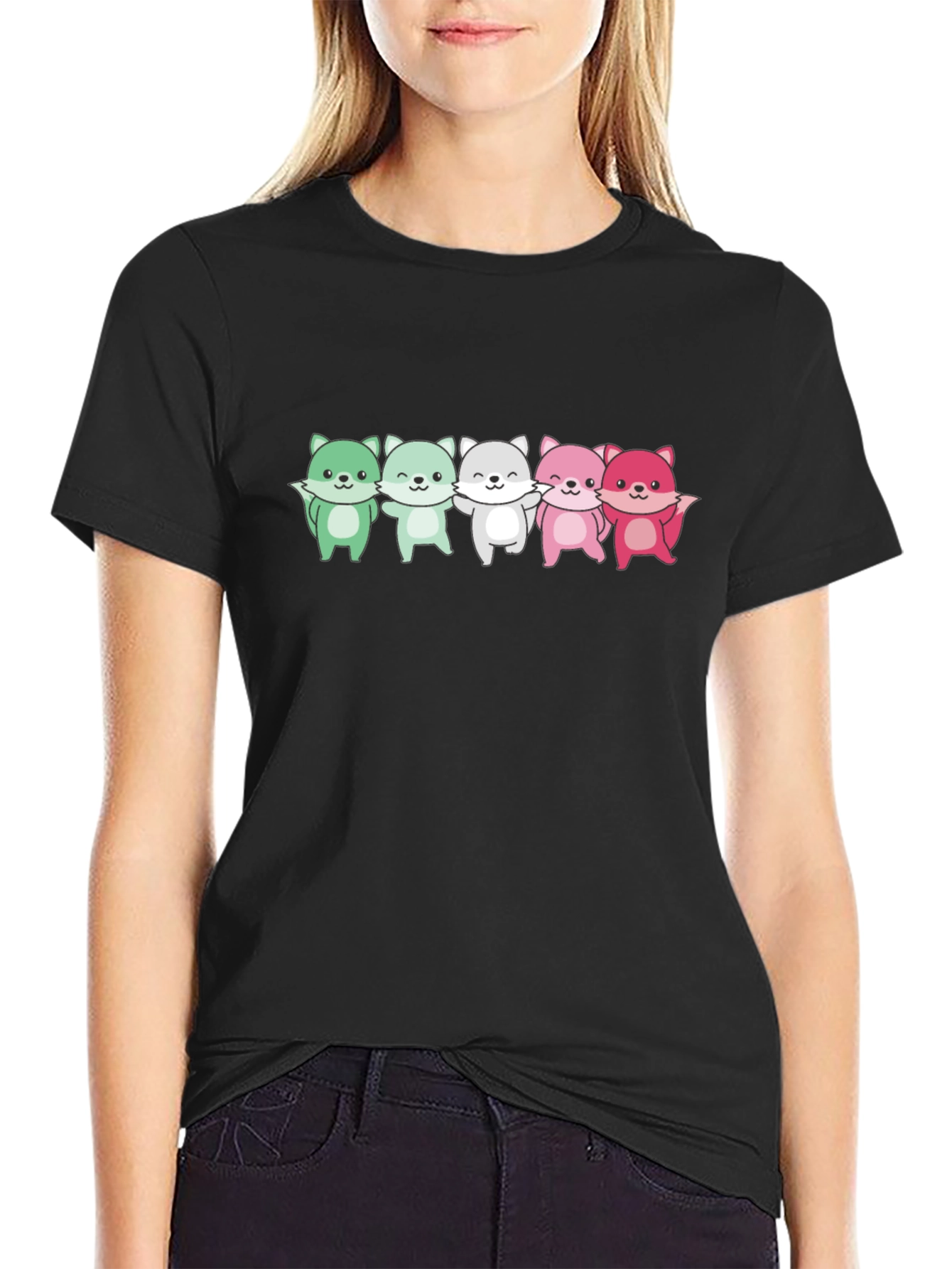Cute Cartoon Foxes Black T-Shirt