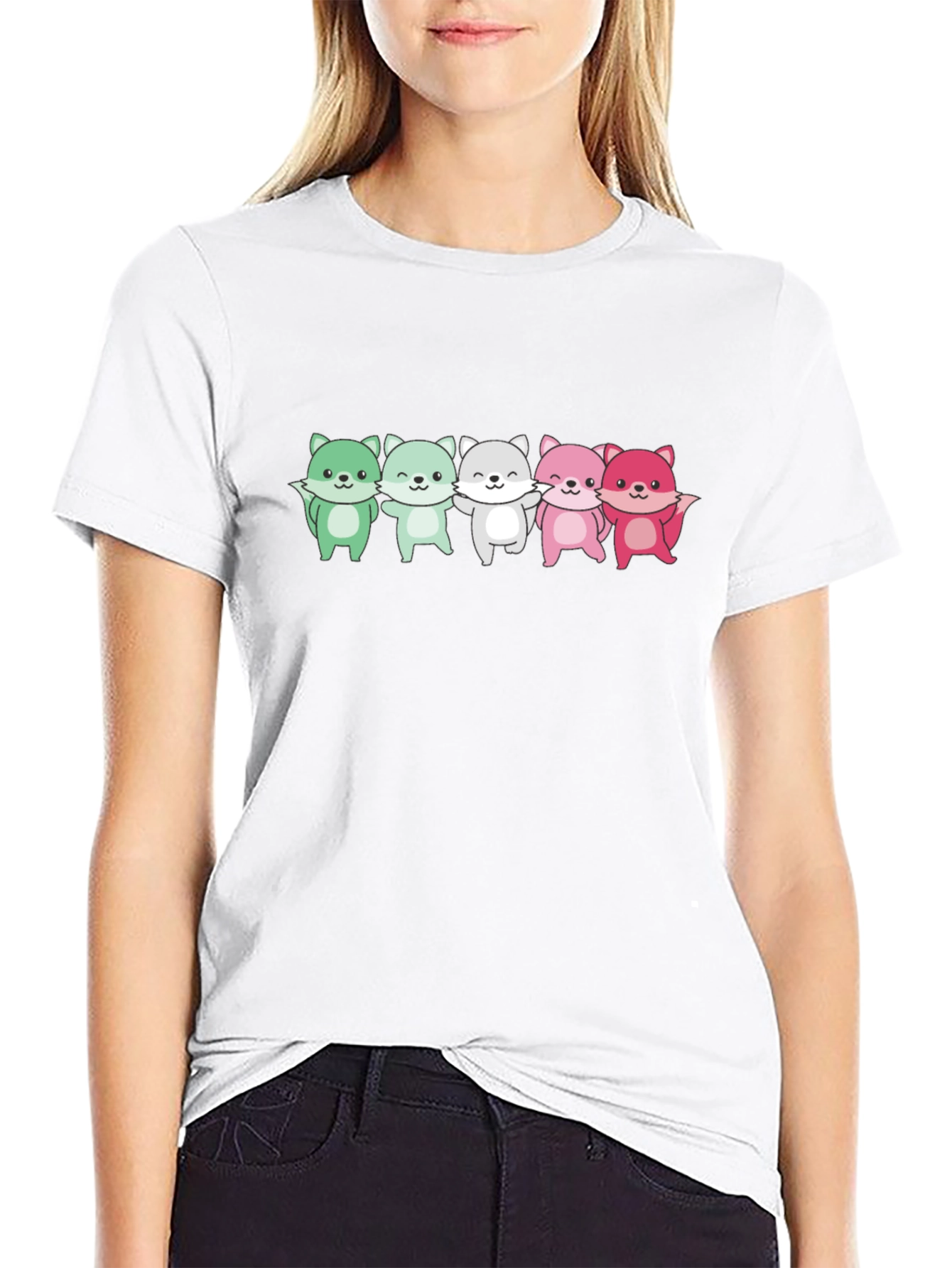 Cute Cartoon Foxes Black T-Shirt