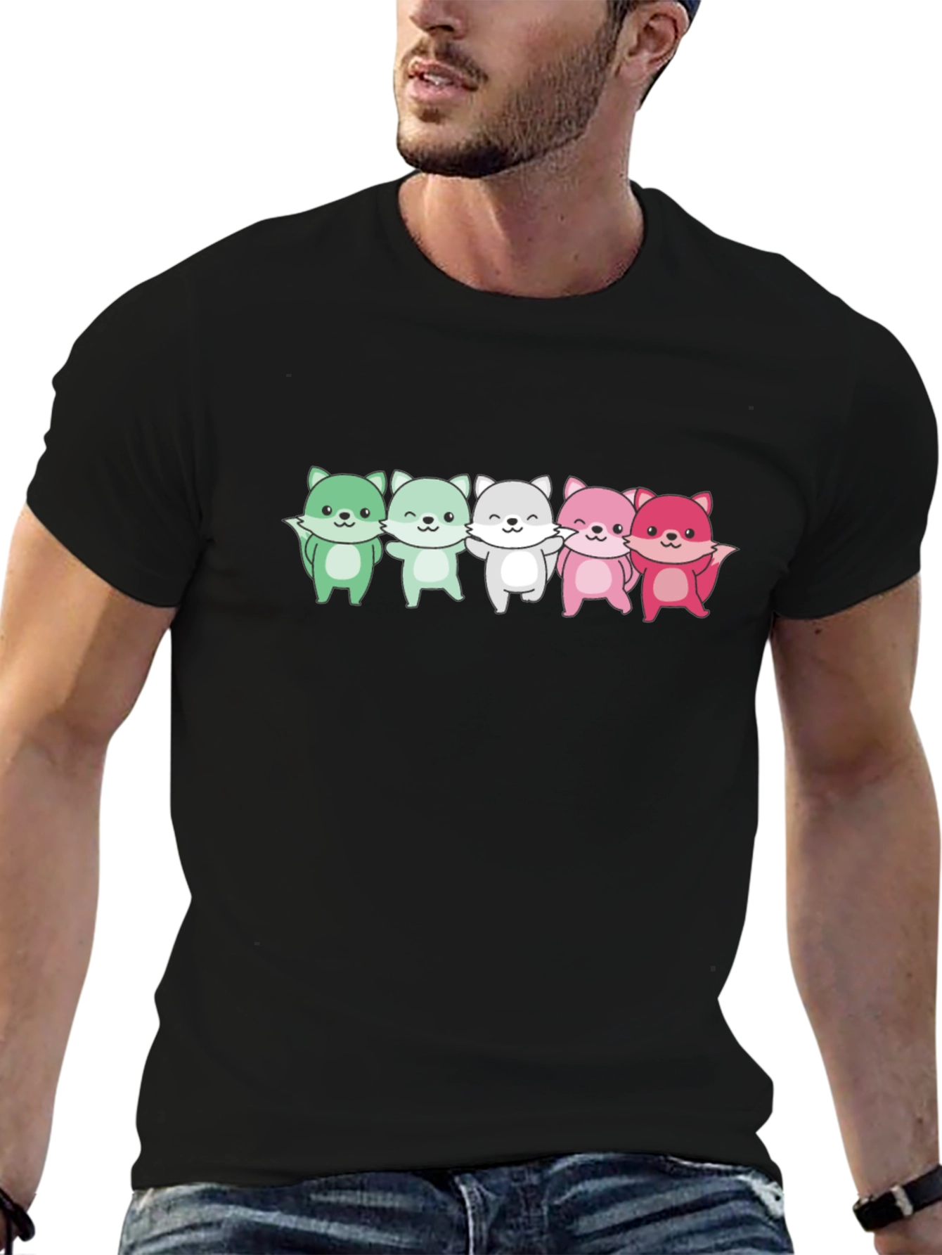 Cute Cartoon Foxes Black T-Shirt