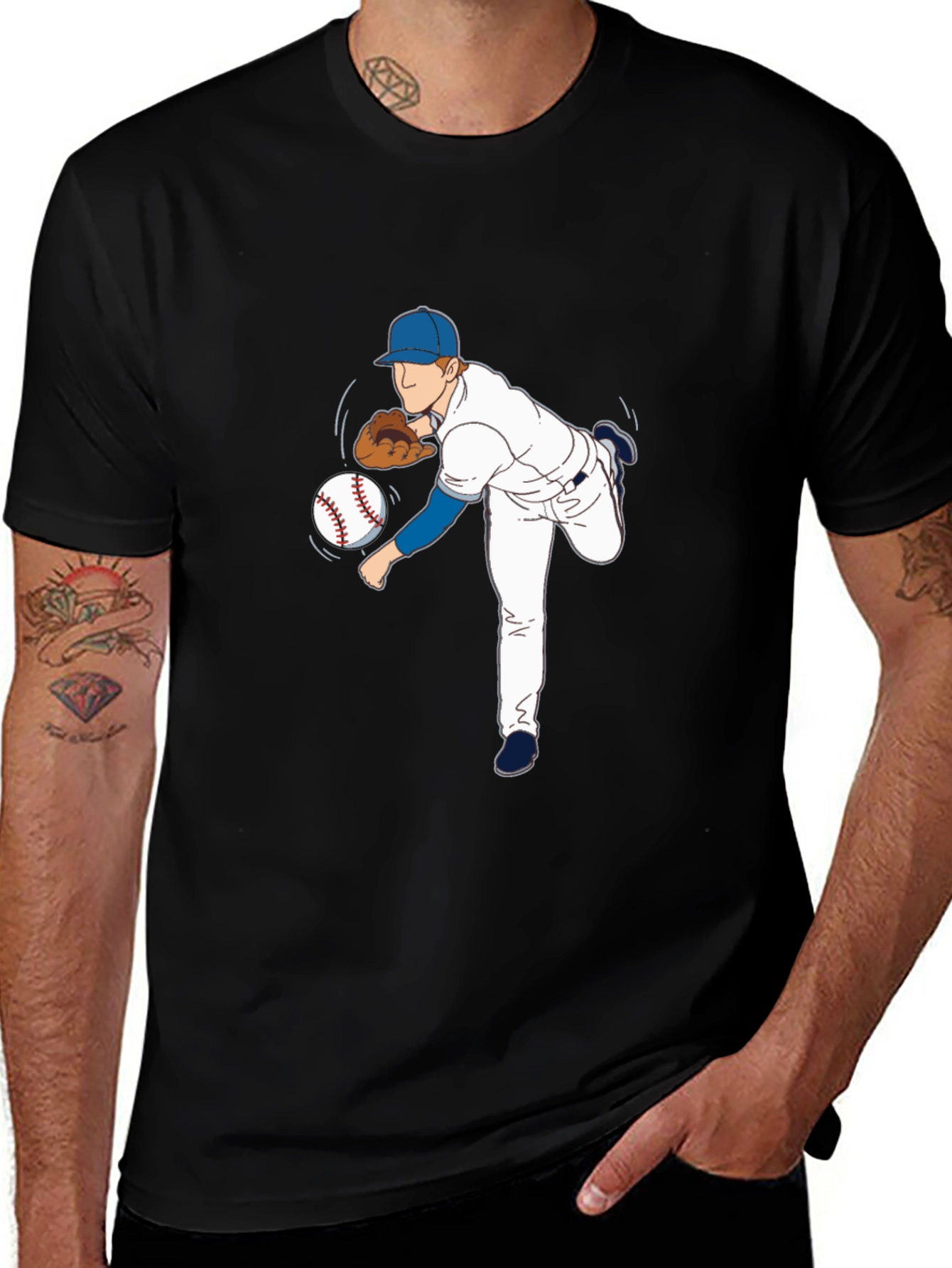 Baseball Pitcher Graphic Tee - Black Cotton Blend