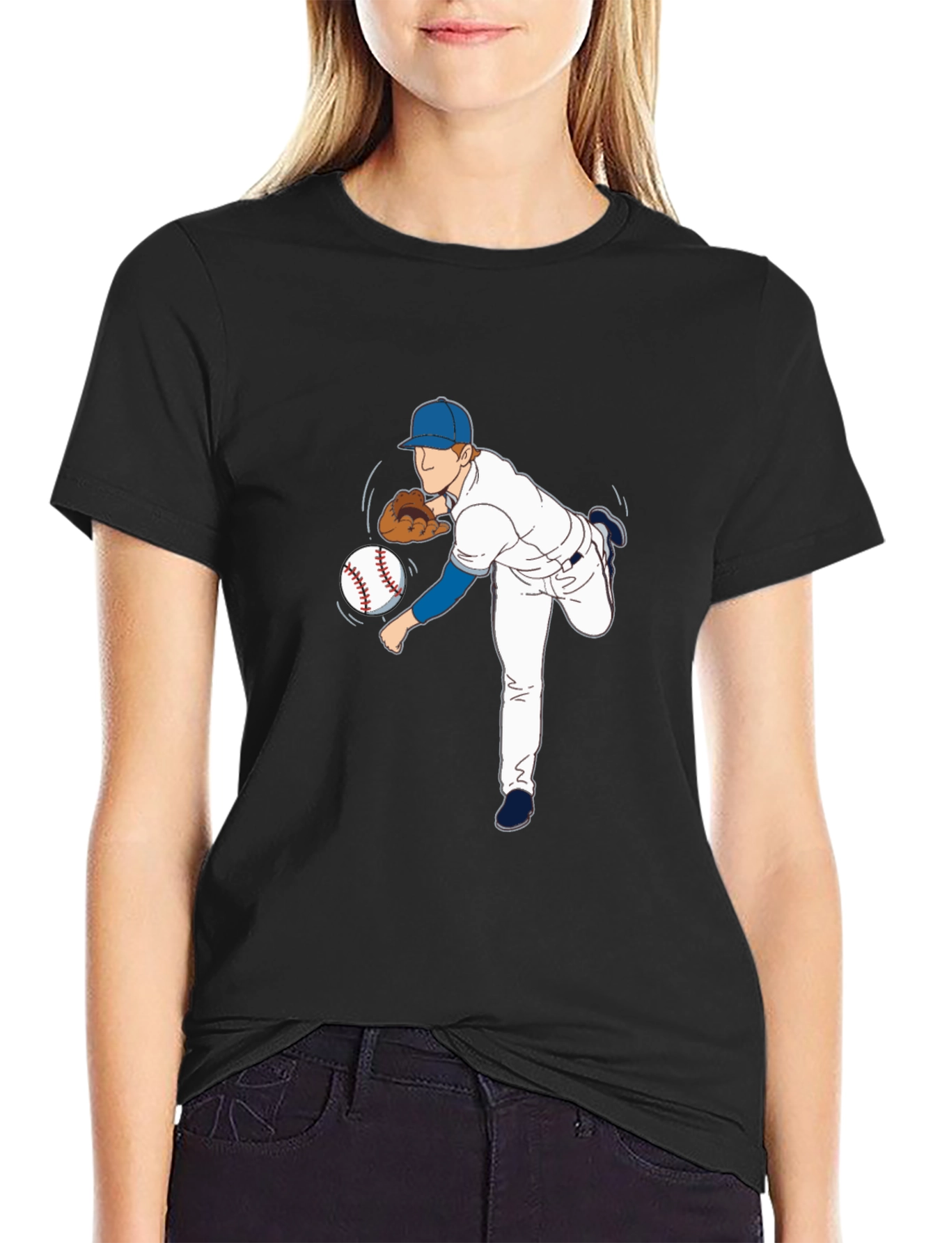 Baseball Pitcher Graphic Tee - Black Cotton Blend