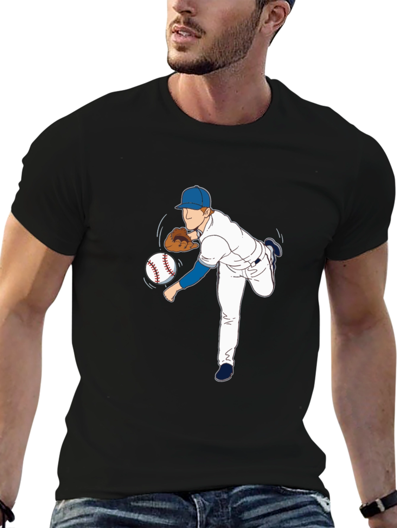 Baseball Pitcher Graphic Tee - Black Cotton Blend