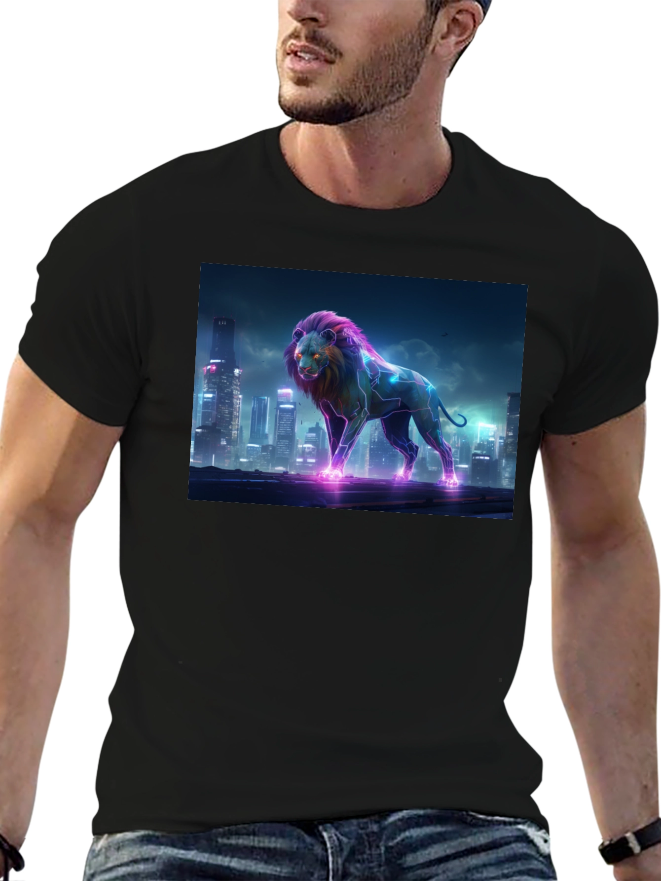 Neon Lion Cityscape Black T-Shirt