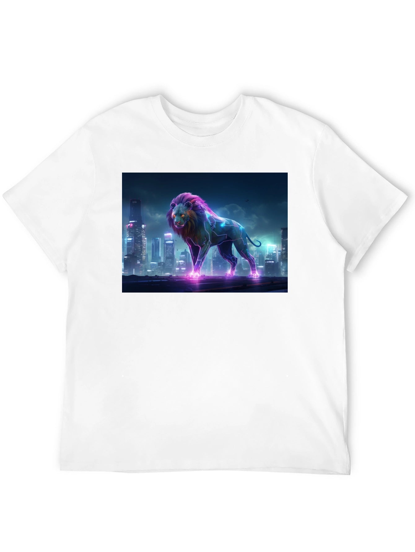Neon Lion Cityscape Black T-Shirt