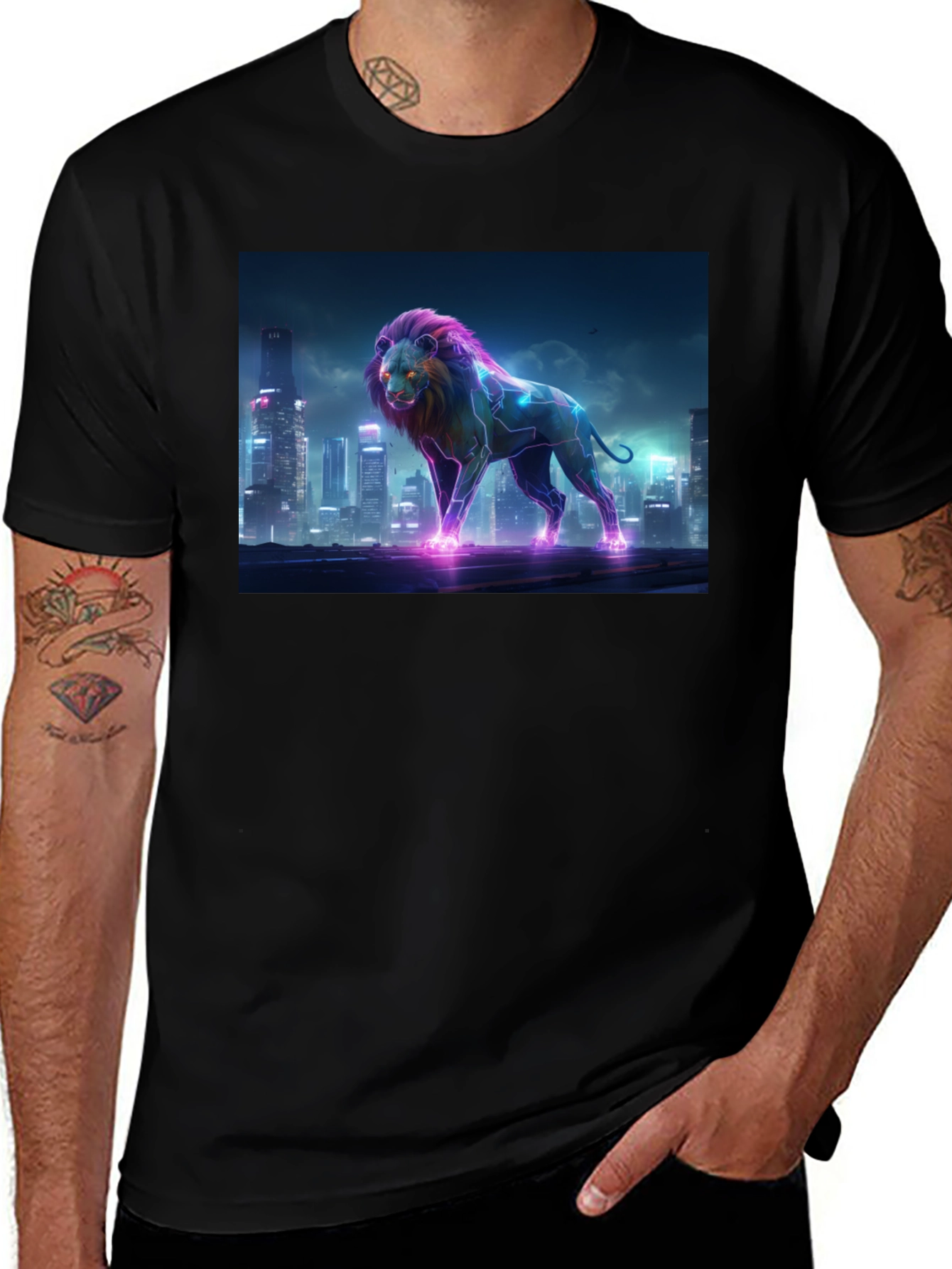 Neon Lion Cityscape Black T-Shirt