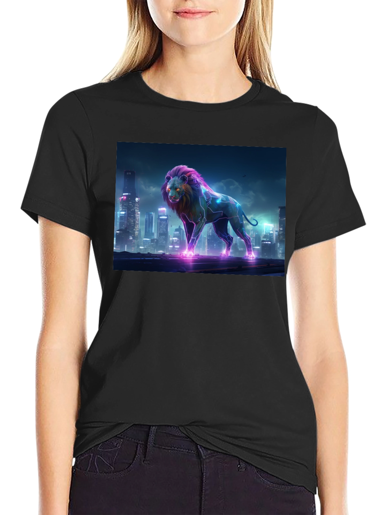 Neon Lion Cityscape Black T-Shirt