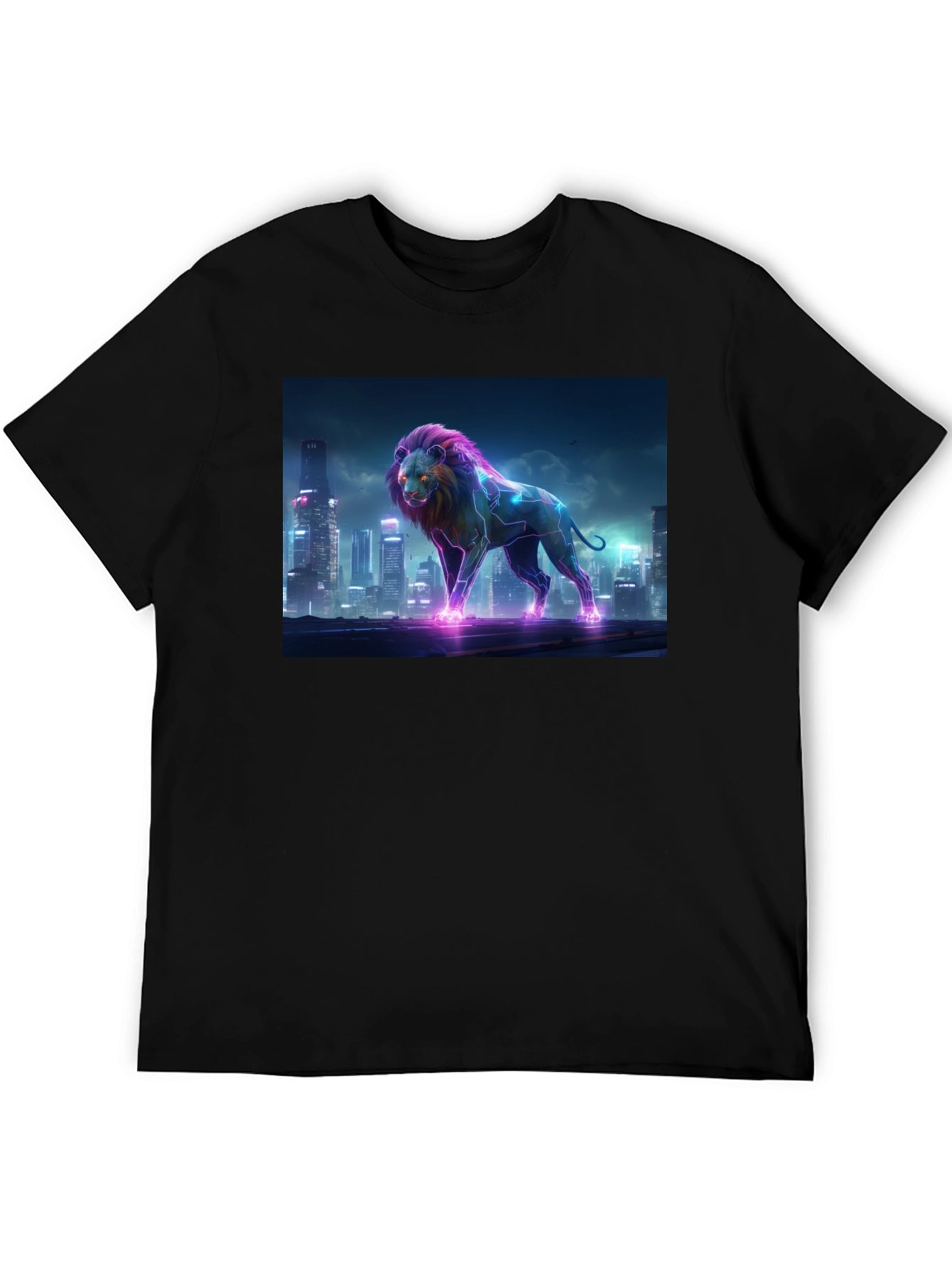 Neon Lion Cityscape Black T-Shirt