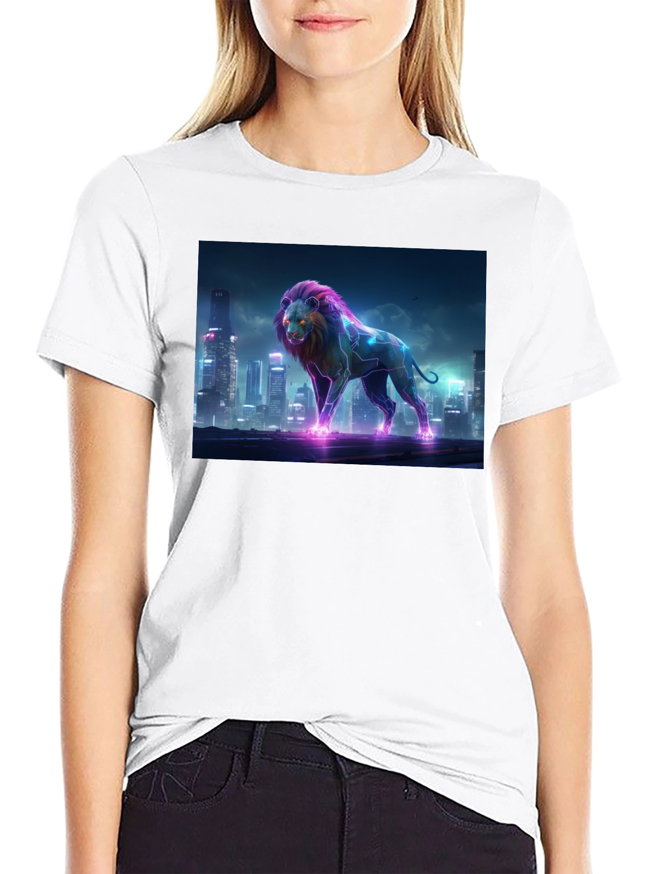 Neon Lion Cityscape Black T-Shirt