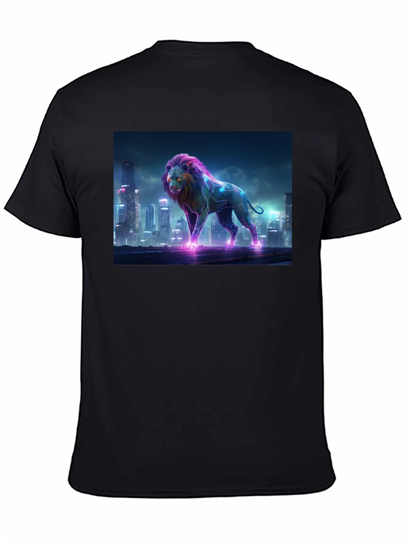 Neon Lion Cityscape Black T-Shirt